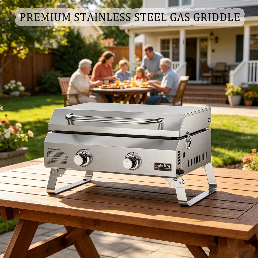 ONLYFIRE GRILLS Tabletop Gas Griddle with Foldable Legs, 2-Burner BBQ Propane Flat Top Griddle, Portable Gas Stove for Outdoor Cooking Patio Party Camping Tailgating RV, Stainless Steel, GS318