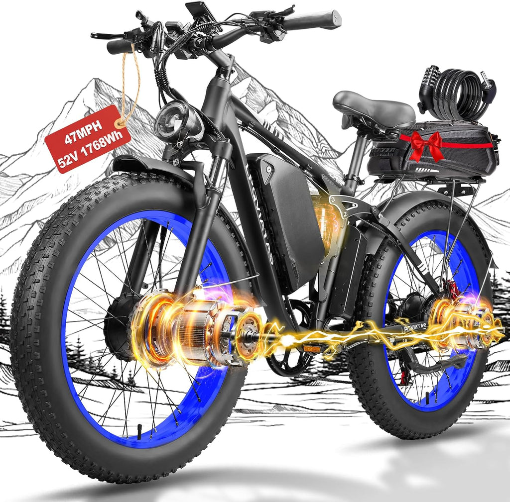 9000W-Peak-Dual-Motor-Ebike for Adults with 52V 34Ah 1768Wh Battery, 42-46MPH Full Suspension Electric Bike, 24'*4.0' Men Adult Fat Tire Mountain Snow Sand AWD Electric Bicycle Commuter