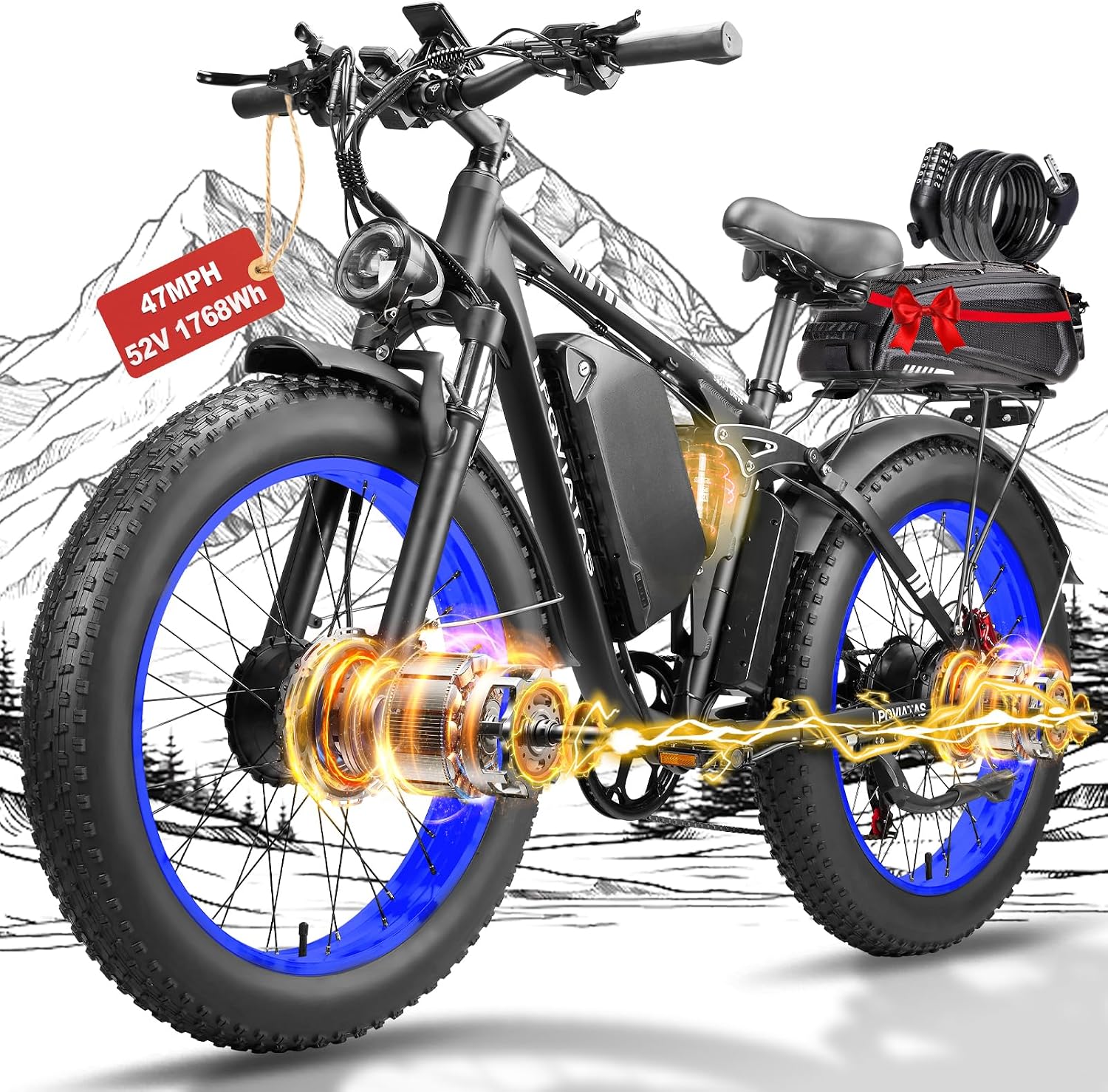 9000W-Peak-Dual-Motor-Ebike for Adults with 52V 34Ah 1768Wh Battery, 42-46MPH Full Suspension Electric Bike, 24'*4.0' Men Adult Fat Tire Mountain Snow Sand AWD Electric Bicycle Commuter
