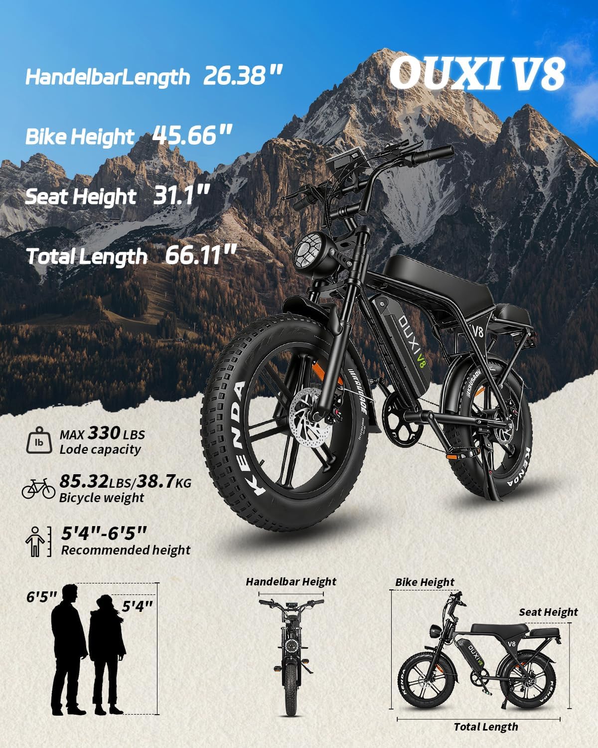 OUXI V8 Series Electric Bike for Adults, Peak 500W/1000W,20/31 MPH, 10.4/15/30 AH Removable Battery, 16''/20' Fat Tire Electric Bike,7-Speed Gear Electric Bicycles,Ebike Moped for Commuting & Off-Road