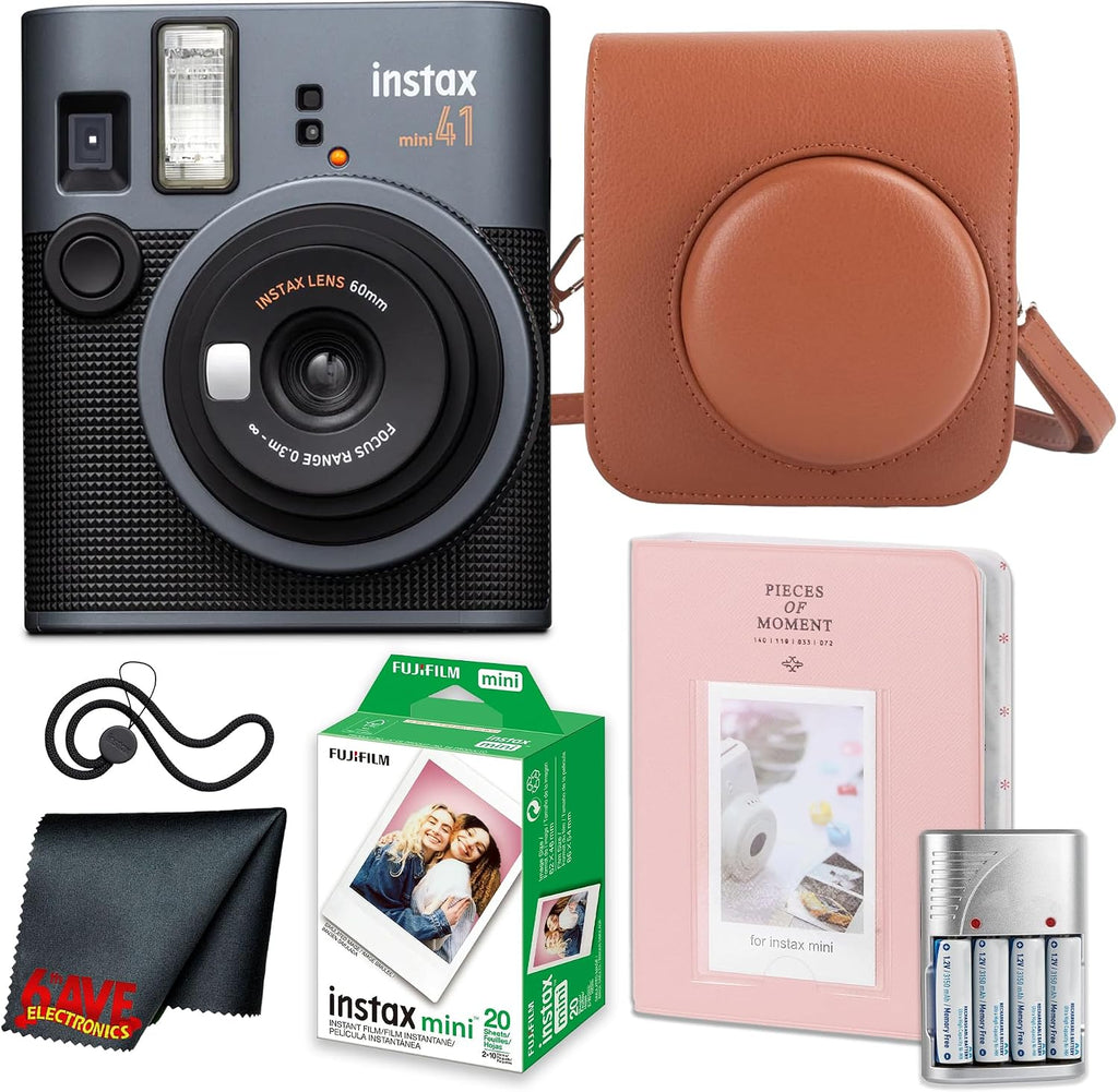 Fujifilm Instax Mini 41 Instant Camera Bundle with Fuji Instax-Instant-mini Film Value Pack (20 Sheets) + Photo Album – 64 Pockets + Vintage Style Compatible Carrying Case Brown