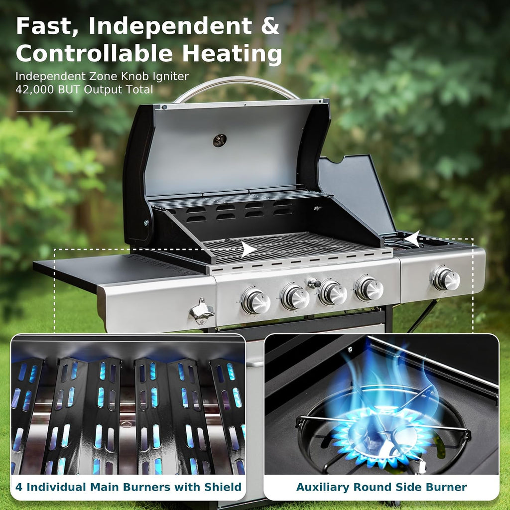 MFSTUDIO 4-Burner Propane Gas Grill, Stainless Steel BBQ Grill with Side Burner and Porcelain-Enameled Cast Iron Grates, High Heat Output Gas BBQ Grills for Barbeque and Outdoor Cooking