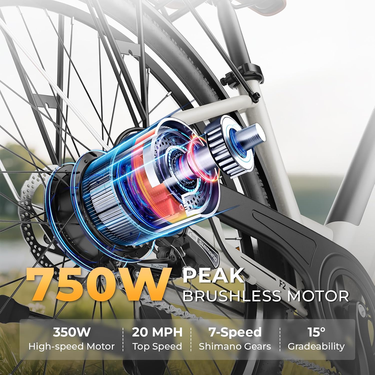 WINDHORSE 26' Electric Bike for Adults 20MPH & 30-50 Miles Range, Shimano 7-Speed, 468WH Removable Battery Commuter Ebike with 750W Peak Motor, Front Suspension, Rear Rack, Fenders, UL2849 Certified