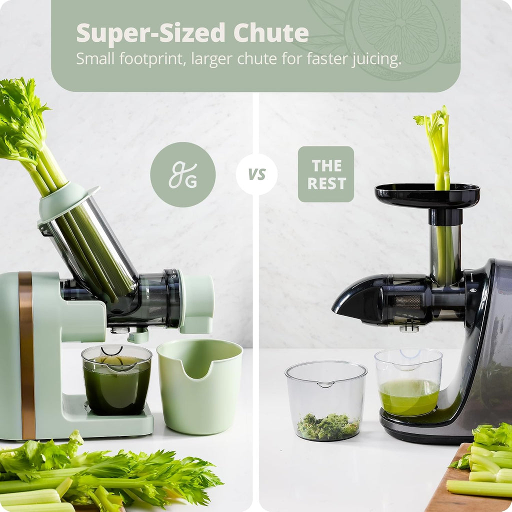 Greater Goods Cold Press Juicer, Powerful Slow Masticating Juice Extractor with Quiet Motor for Fruits and Vegetables, High Juice Yield, Easy to Clean, Sage Green