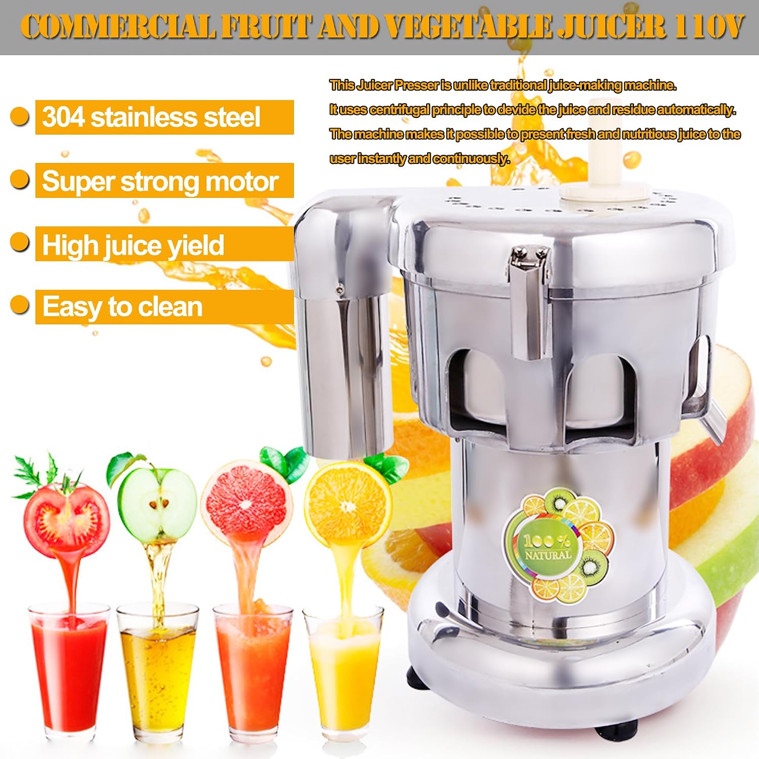 Fruit and Vegetable Juicer Centrifugal Fruit Juicer Electric Vegetable Juice Maker Commercial Fruit Juice Making Machine Fruit Juicer Presser Stainless Steel Juice Extractor Maker 110V