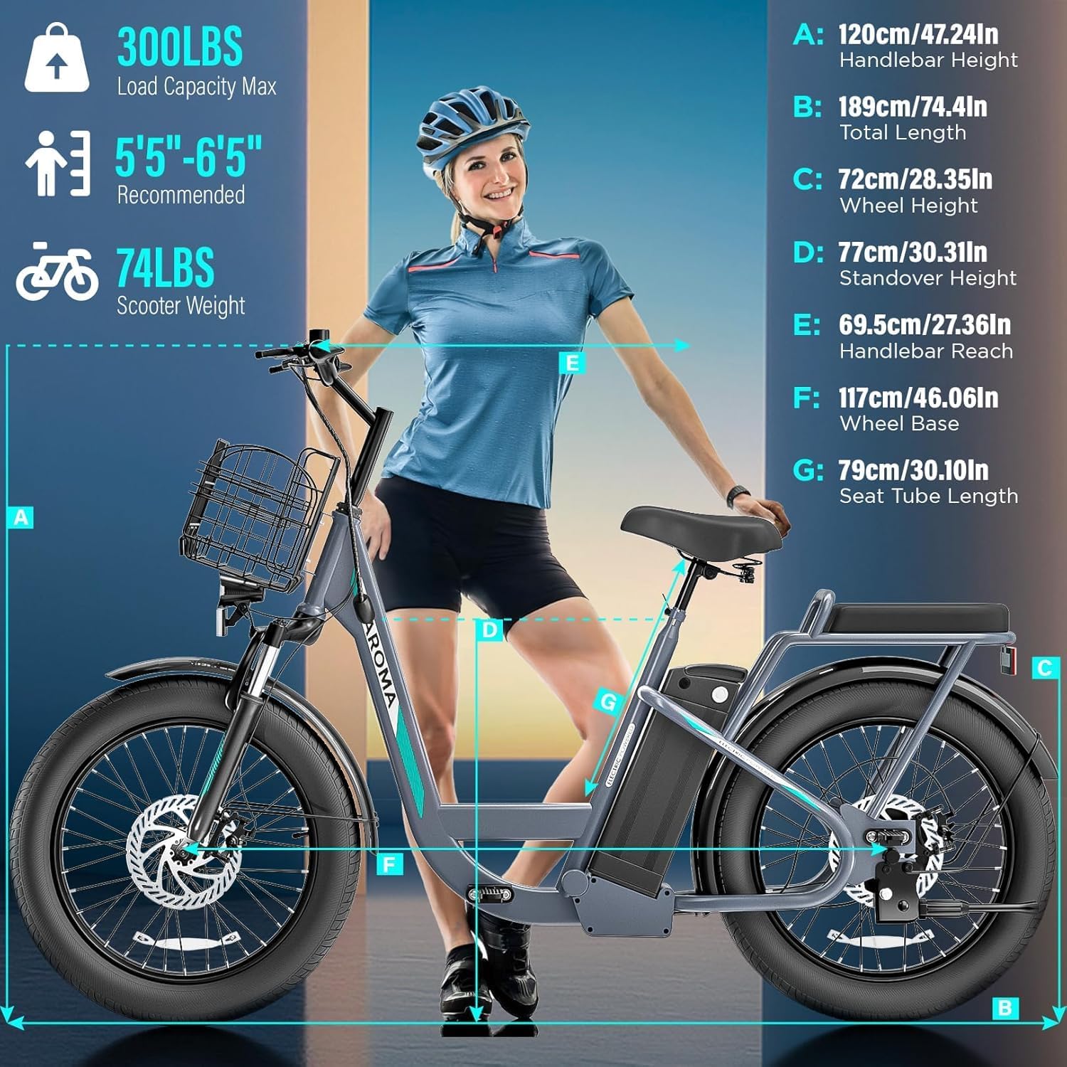 Caroma Peak 500W/800W/1200W Electric Scooter with Seat, 20' Fat Tire Electric Bike with 48V Removable Battery, Up to 30Miles & 20MPH, Adult Scooter for Commuting with Basket&Adjustable Seat