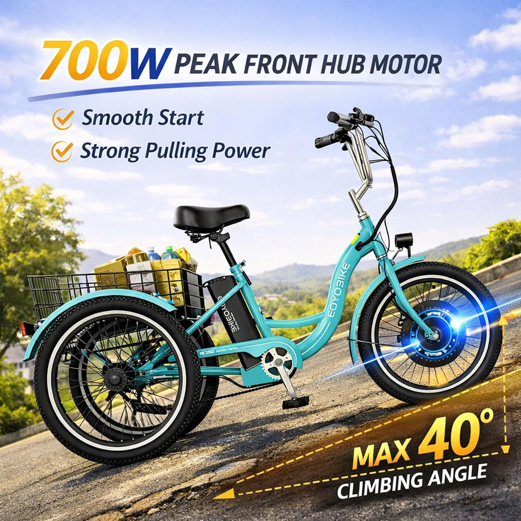 MOONCOOL Adult Electric Tricycle, 350W Front Drive Motor (Peak 700W), 15.5MPH E-Trike, Removable 36V 10.4Ah Battery, Max 60 Miles, 7-Speed 3 Wheel Electric Bike