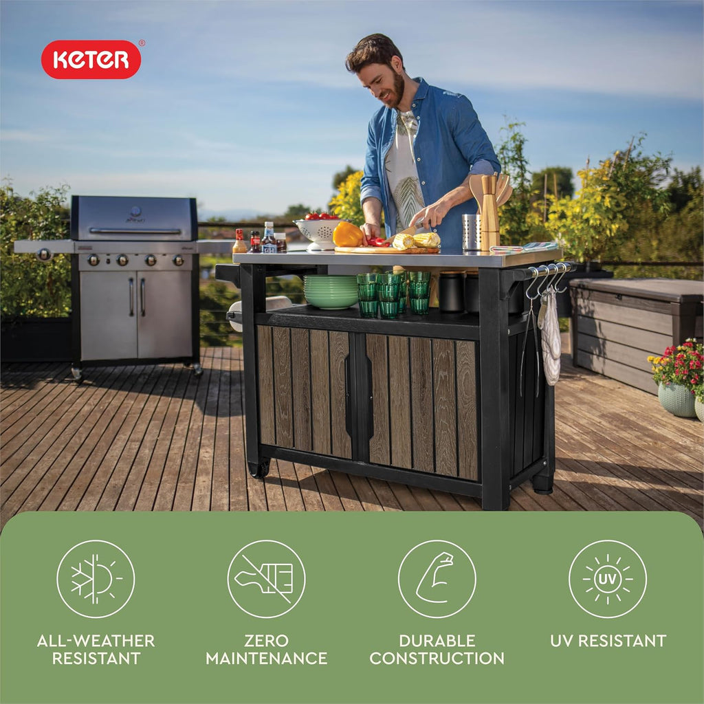 Keter Unity XL Outdoor Entertainment Cart with Wood‑Look Finish, 78‑Gallon Patio Storage Cabinet, Food Prep Station, Stainless‑Steel Top for BBQ, Grill, Patio, Deck & Backyard, Walnut