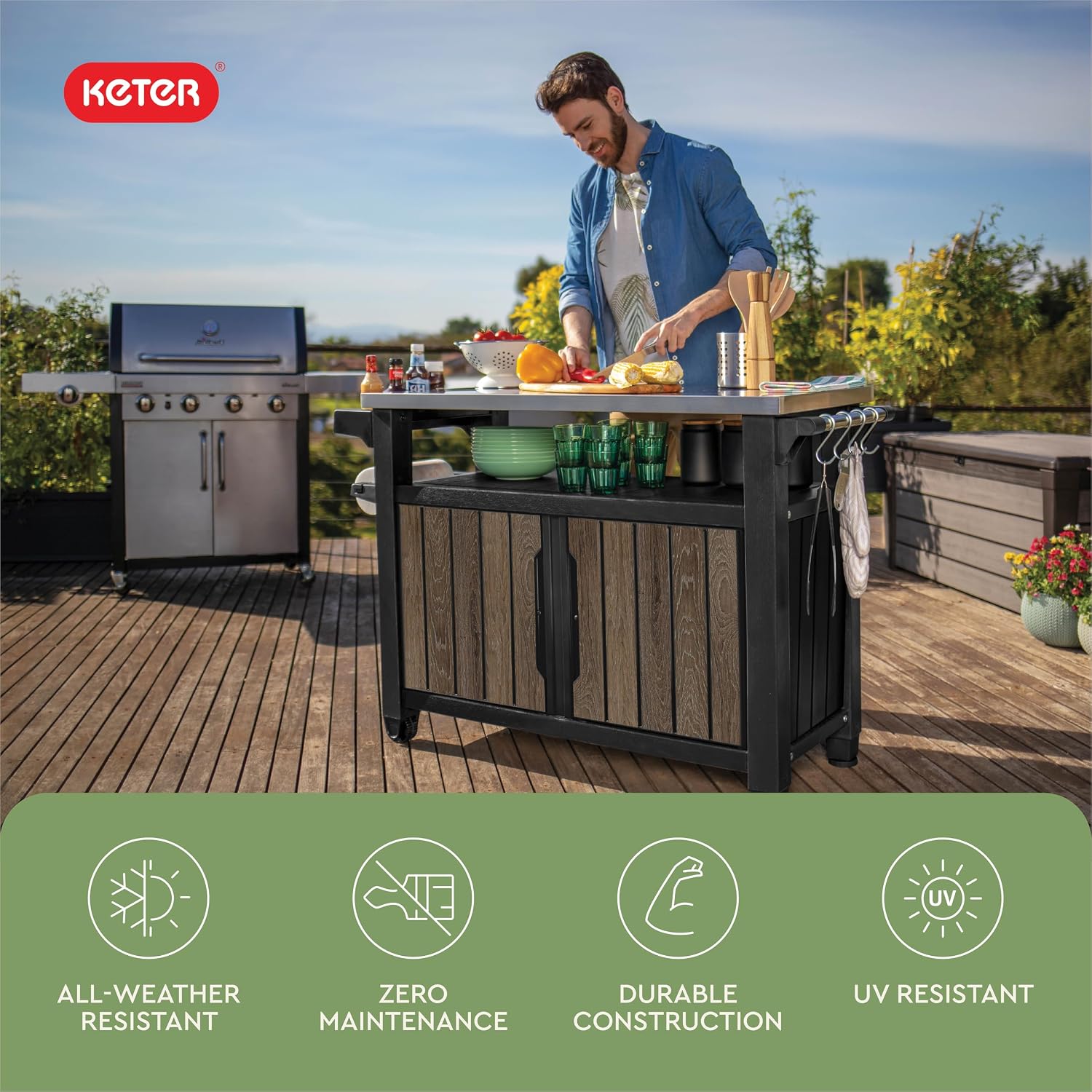 Keter Unity XL Outdoor Entertainment Cart with Wood‑Look Finish, 78‑Gallon Patio Storage Cabinet, Food Prep Station, Stainless‑Steel Top for BBQ, Grill, Patio, Deck & Backyard, Walnut
