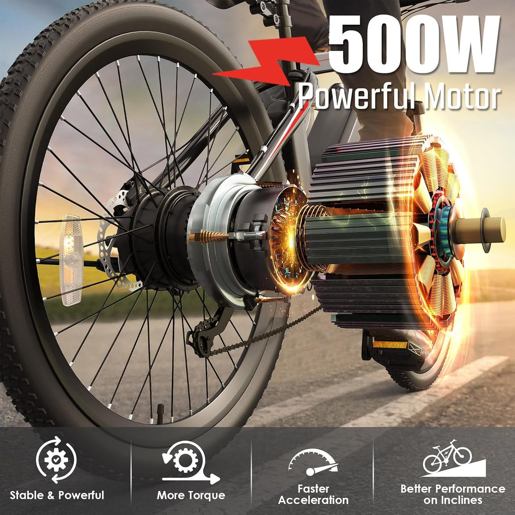 GOCIO 500W Electric Bike 26' Mountain Bicycle Adults Cruise Control Pedal Assist 48V 375Wh Battery 21-Speed E-Bike UL2849