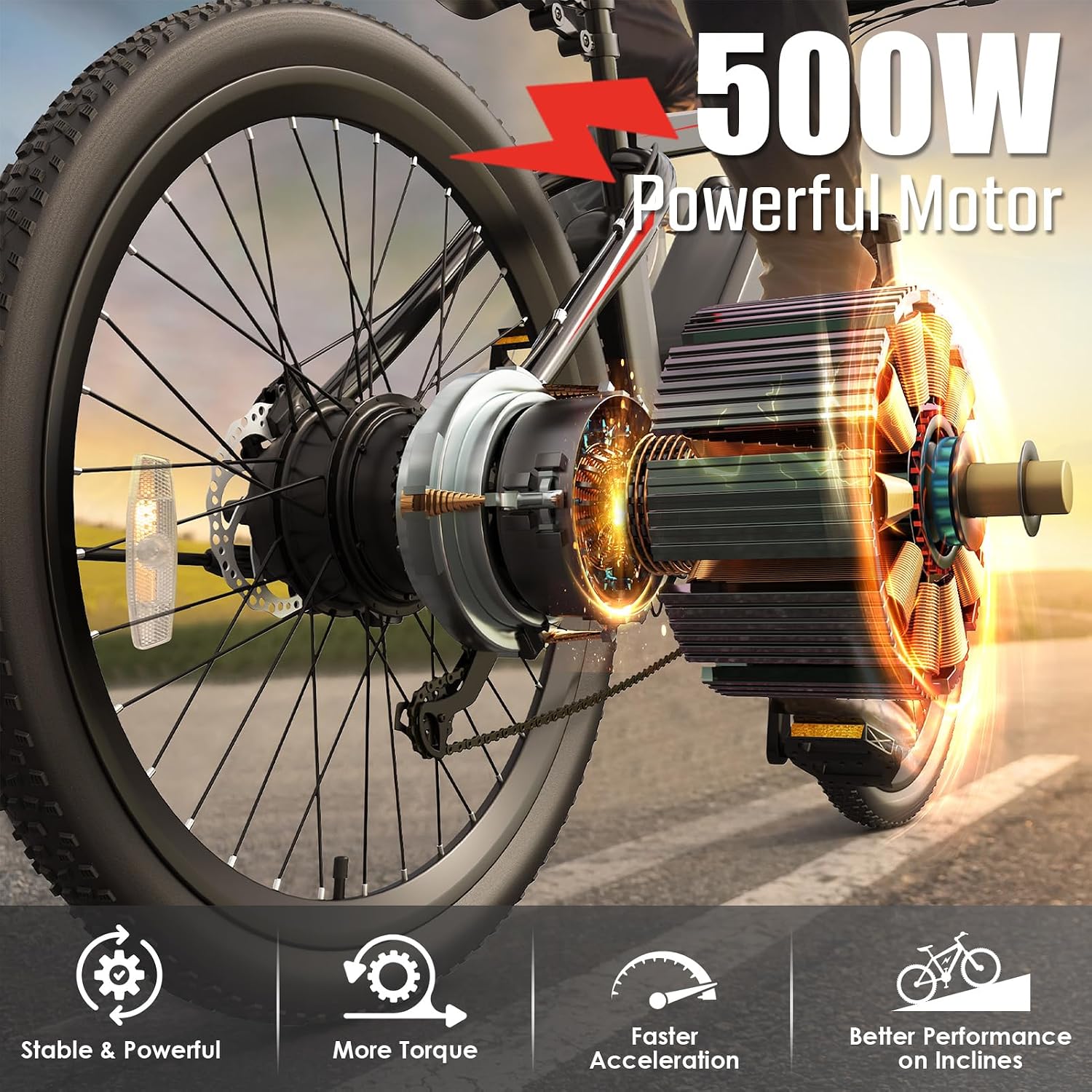 GOCIO 500W Electric Bike 26' Mountain Bicycle Adults Cruise Control Pedal Assist 48V 375Wh Battery 21-Speed E-Bike UL2849