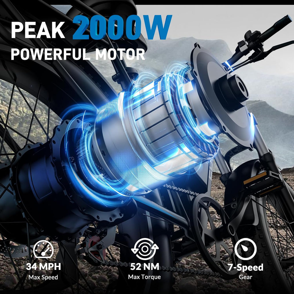 EDIKANI S01 26' Electric Bike for Adults, Peak 2000W 34MPH Fast E Bike for Men, 100 Miles Fat Tire Ebike for Adults Electric with 1104WH Removable Battery, E Bicycle for Commuter with Brake Light