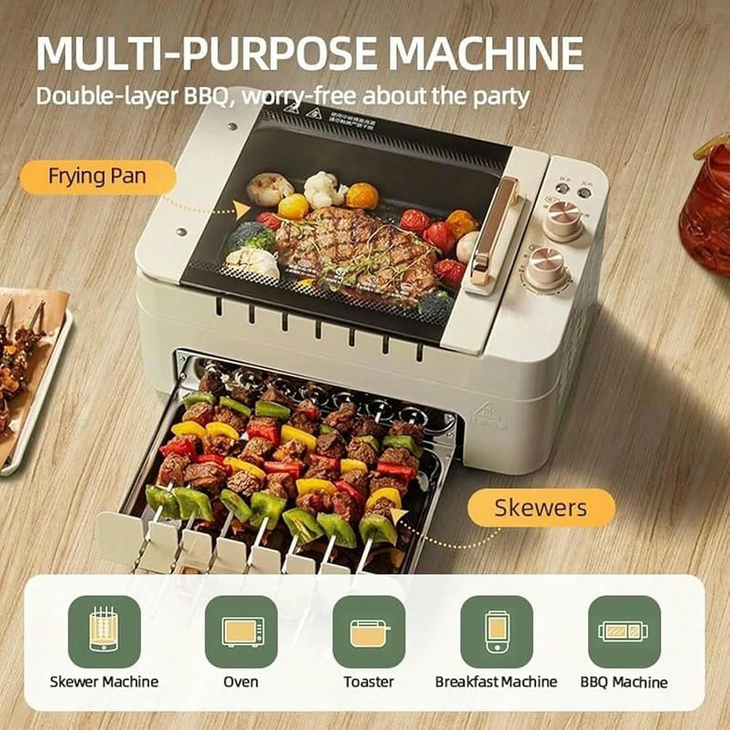 Electric Kebab Grill Machine, Non-Stick Double Layer Grill Oven, Automatic 360° Rotating BBQ Skewers Machine, BBQ Pot for Indoor Outdoor Camping