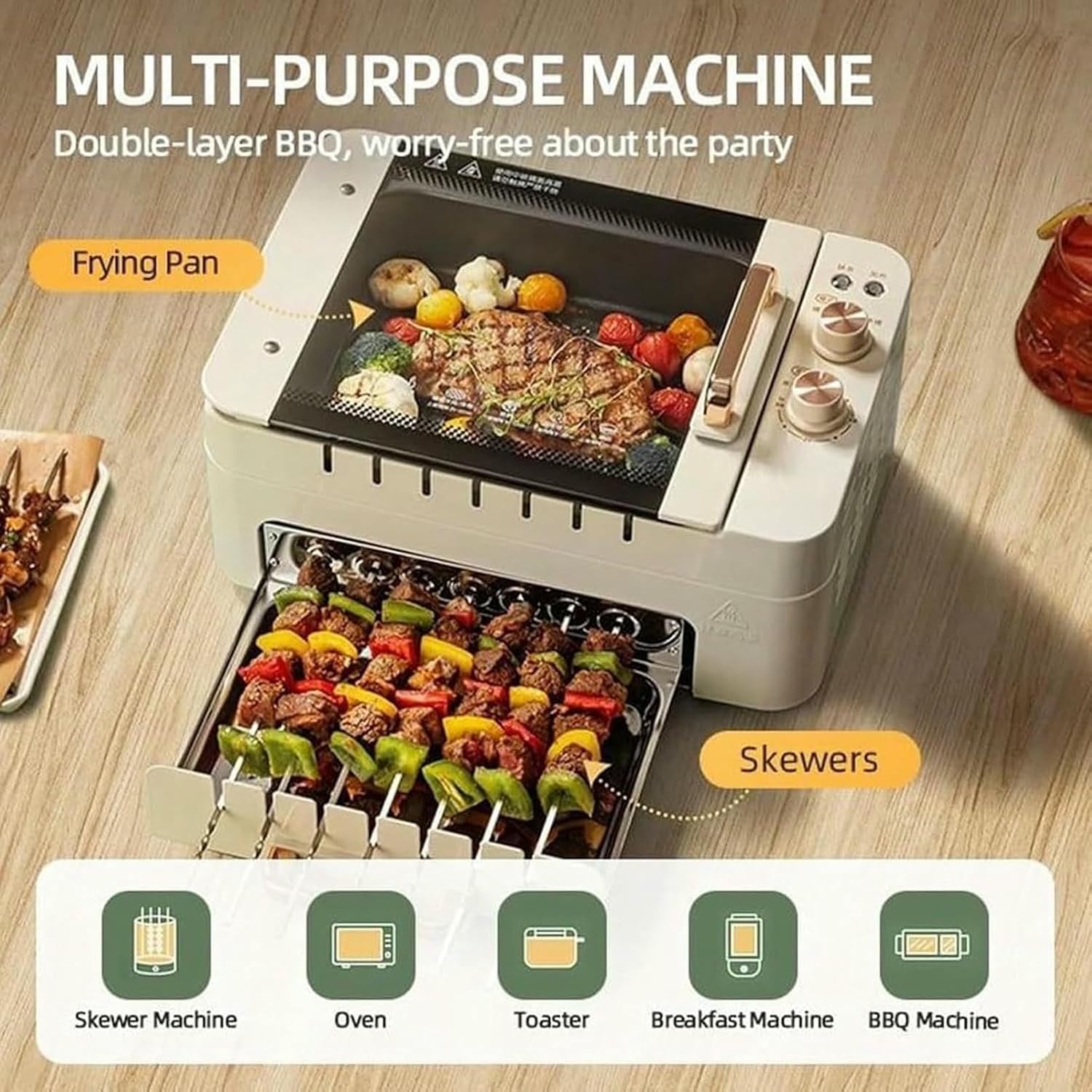 Electric Kebab Grill Machine, Non-Stick Double Layer Grill Oven, Automatic 360° Rotating BBQ Skewers Machine, BBQ Pot for Indoor Outdoor Camping