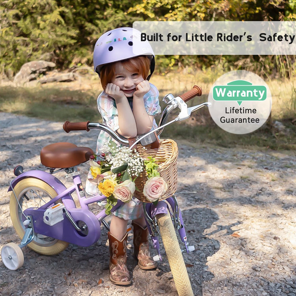 Glerc Little Molly 12-20 Inch Kids Retro Cruiser Bike for 2-13 Year Old with Wicker Basket & Training Wheels/Kickstand, Multiple Colors