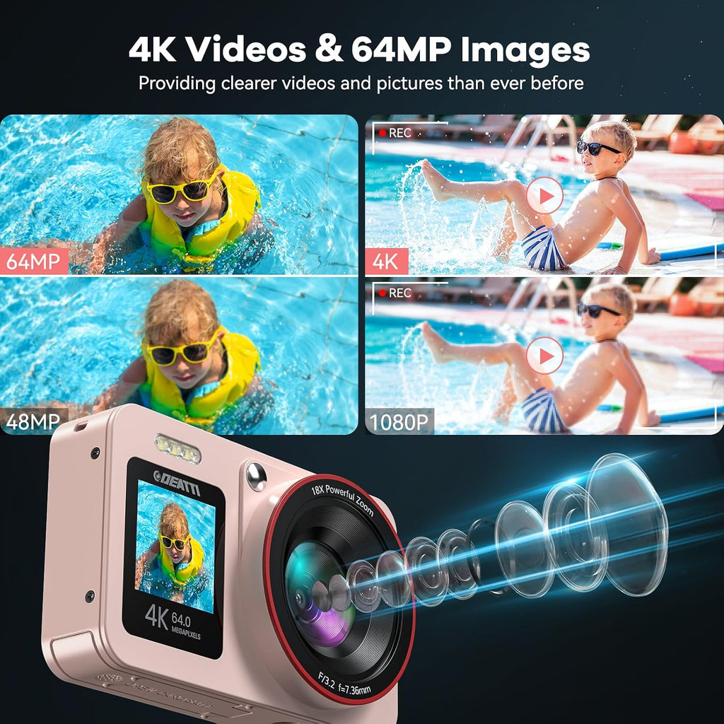 Digital Camera FHD 4K with Dual Screen 64GB SD Card 2 Batteries,18X Zoom,Anti Shake Portable Rechargeable Camera for Boys Girls Kids,Pink
