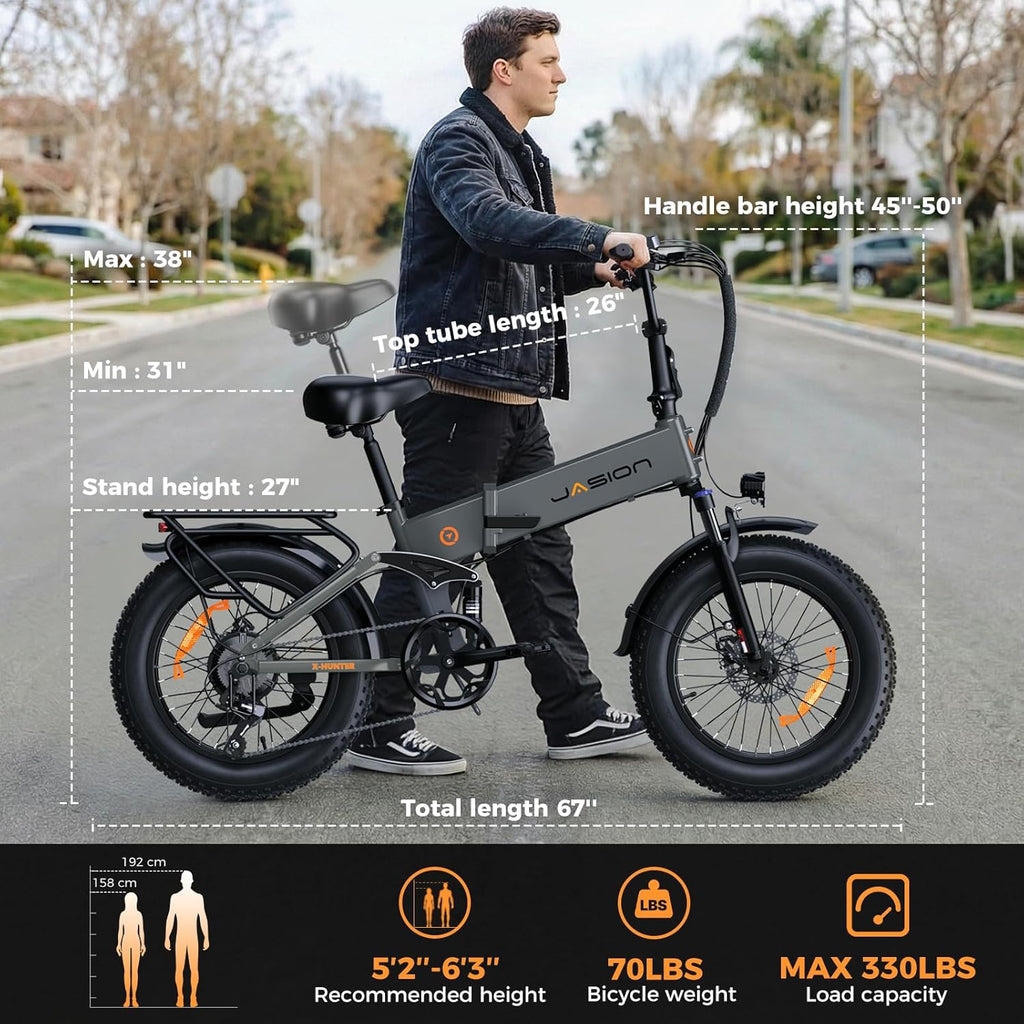 Jasion X Hunter/PRO Electric Bike for Adults,1800W/1400W Peak 20''Fat Tire Foldable Ebike,Folding E Bike Up to 80/70 Miles Range,720/624WH Removable Battery,30 MPH E Bike,Certified by UL2849