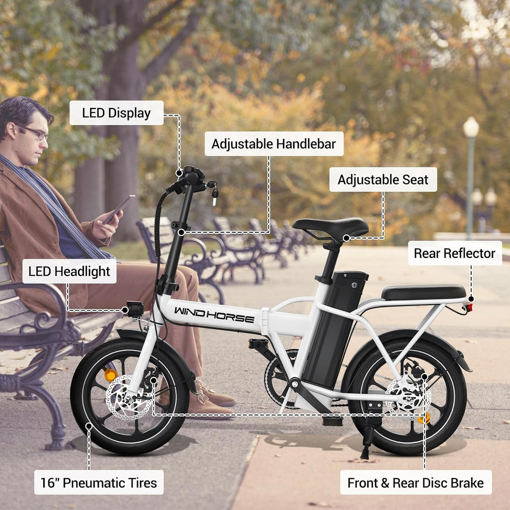 RIDWIND 16' Folding Electric Bike Adults, Peak 630W Adult Electric Bicycles, Up to 25 MPH and 35 Miles Foldable Ebikes, Electric Bike for Teens with 36V 8Ah Removable Battery, UL2849 Certificate