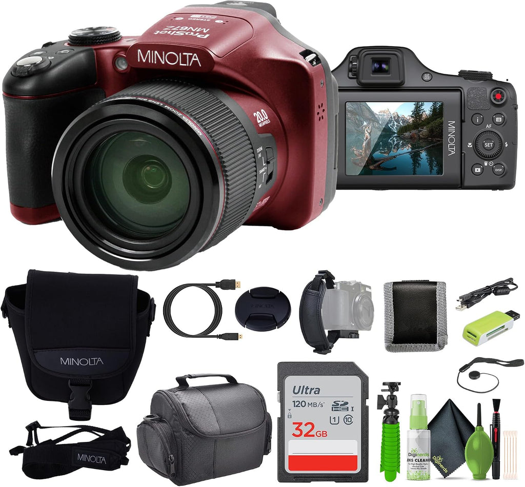 MINOLTA MN67Z 20 MP / 1080P FHD Bridge Digital Camera w/67x Optical Zoom (Red) Bundle with 32GB Memory Card + Camara Bag + Cleaning Kit + Vlogging Tripod + Accessories
