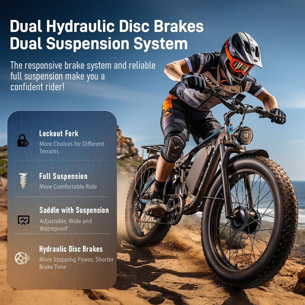 Electric Bike for Adults 51MPH 36Ah 52V Fast Ebike 6000W Peak Dual Motors 26' Full Suspension Fat Tire E Bikes for Men with Hydraulic Brake 130 Miles Electric Bicycle
