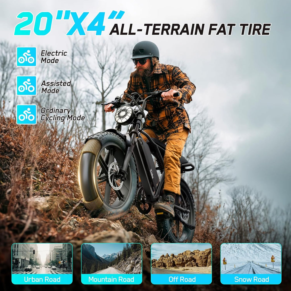 TST Electric Bike for Adults, 1500W Peak Motor 60/100 Miles Fat Tire Ebike with 48V 15Ah/25Ah Removable Battery 20' Fat Tire Electric Dirt Bike Full Suspension and 7-Speed