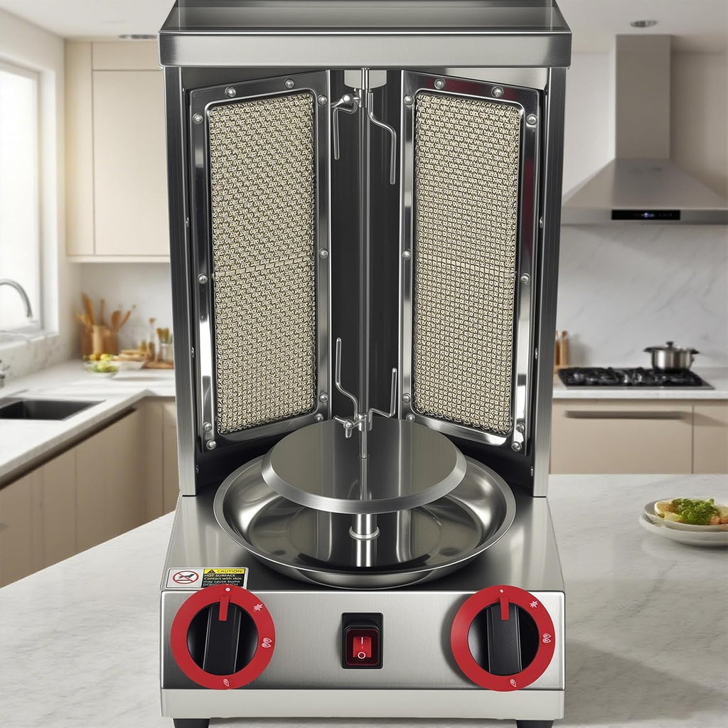 Shawarma Grill Machine Oven Rotisserie Kebab Turkey Machine, Infrared Burner trompo para tacos al pastor，Automatic Rotation,Up to 750°F/400℃,Vertical Skewers, Stainless Steel 110V