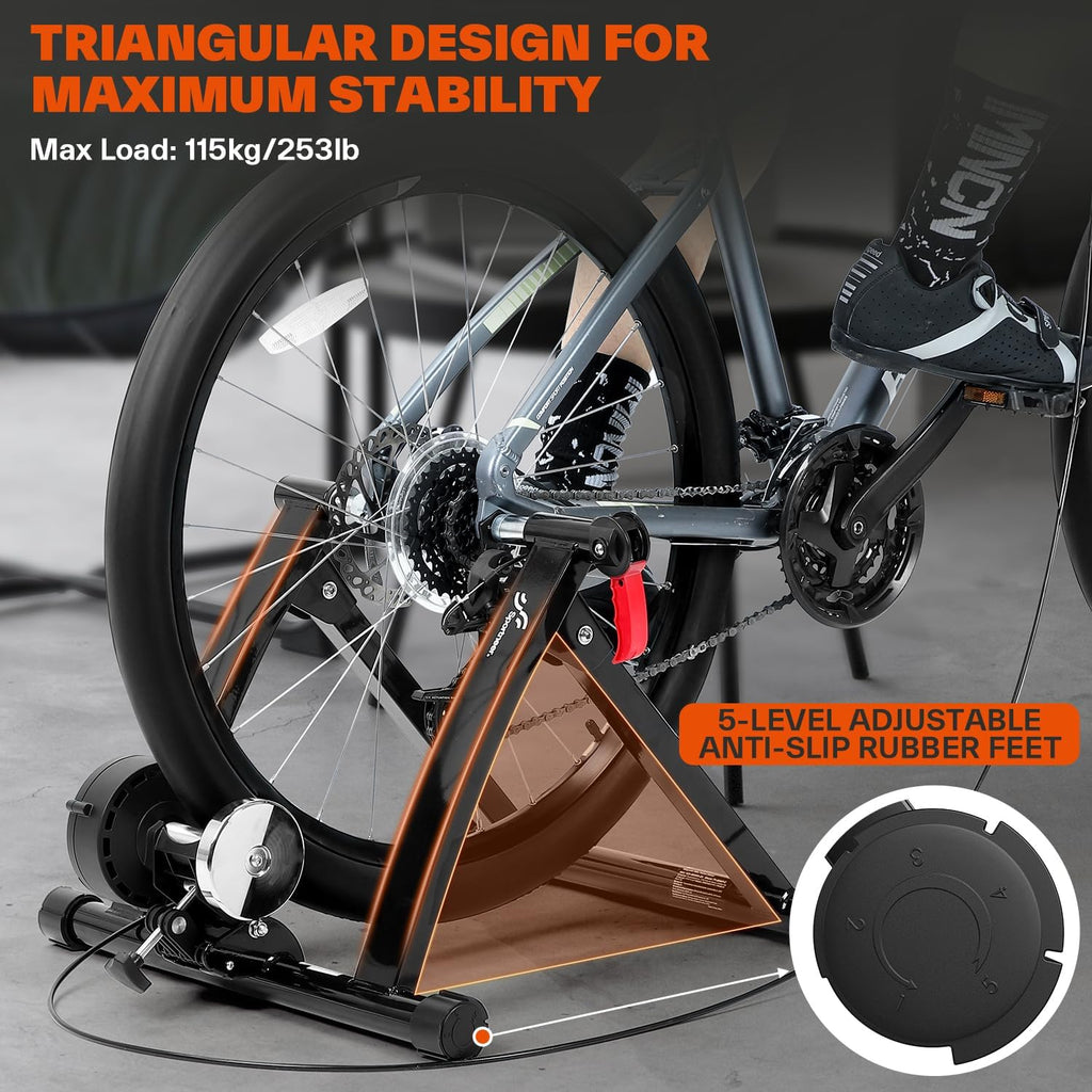 Sportneer Bike Trainer - Magnetic Stationary Bike Stand for 26-28' & 700C Wheels - Adjustable 6 Level Resistance Bike Trainer Stand for Indoor Riding with Quick Release Lever & Front Wheel Riser Block