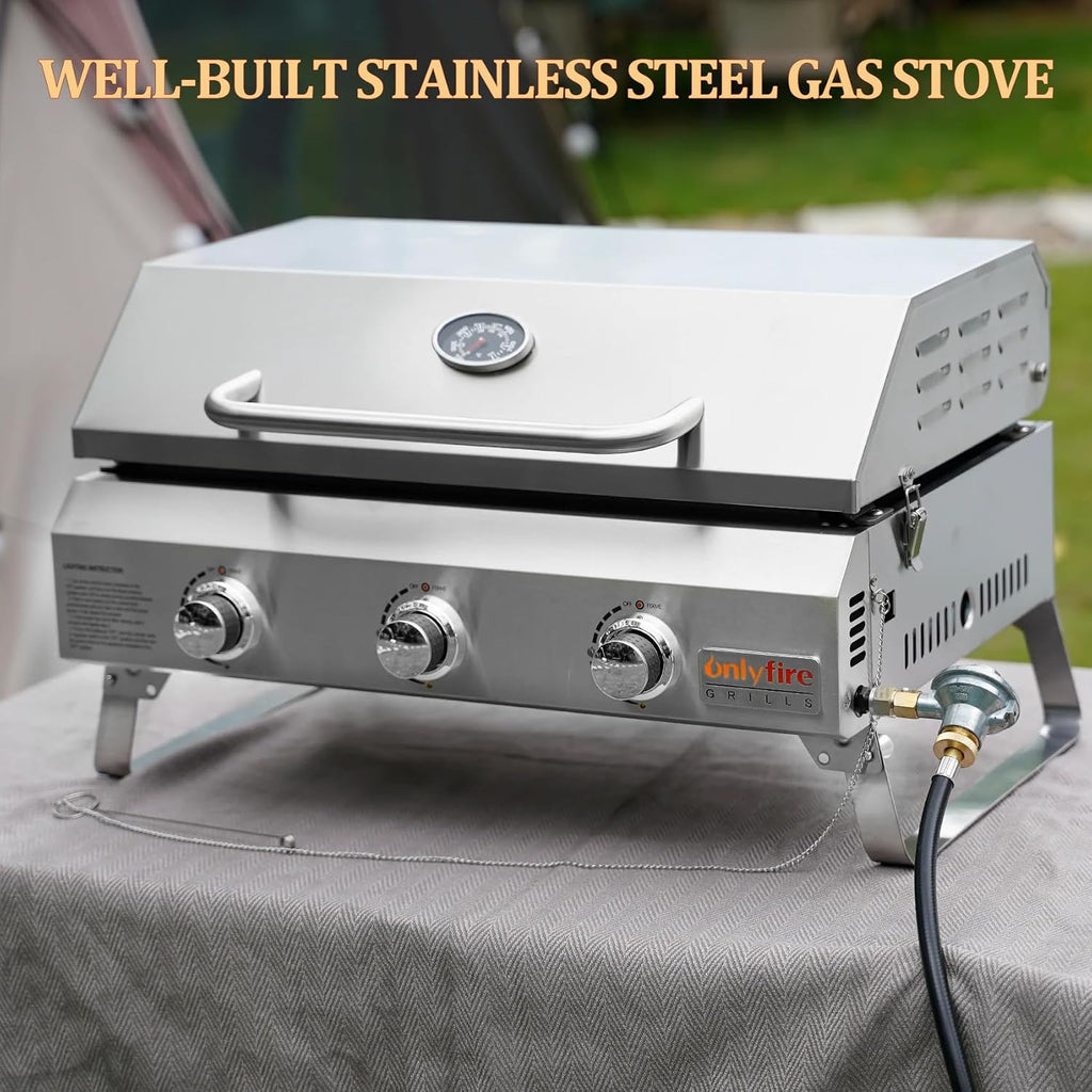 ONLYFIRE GRILLS Tabletop Gas Griddle with Foldable Legs, Portable 3-Burner Propane Gas Grill Griddle Flat Top for Outdoor Cooking Patio Barbecue Camping Tailgating RV BBQ, Stainless Steel, #GS309