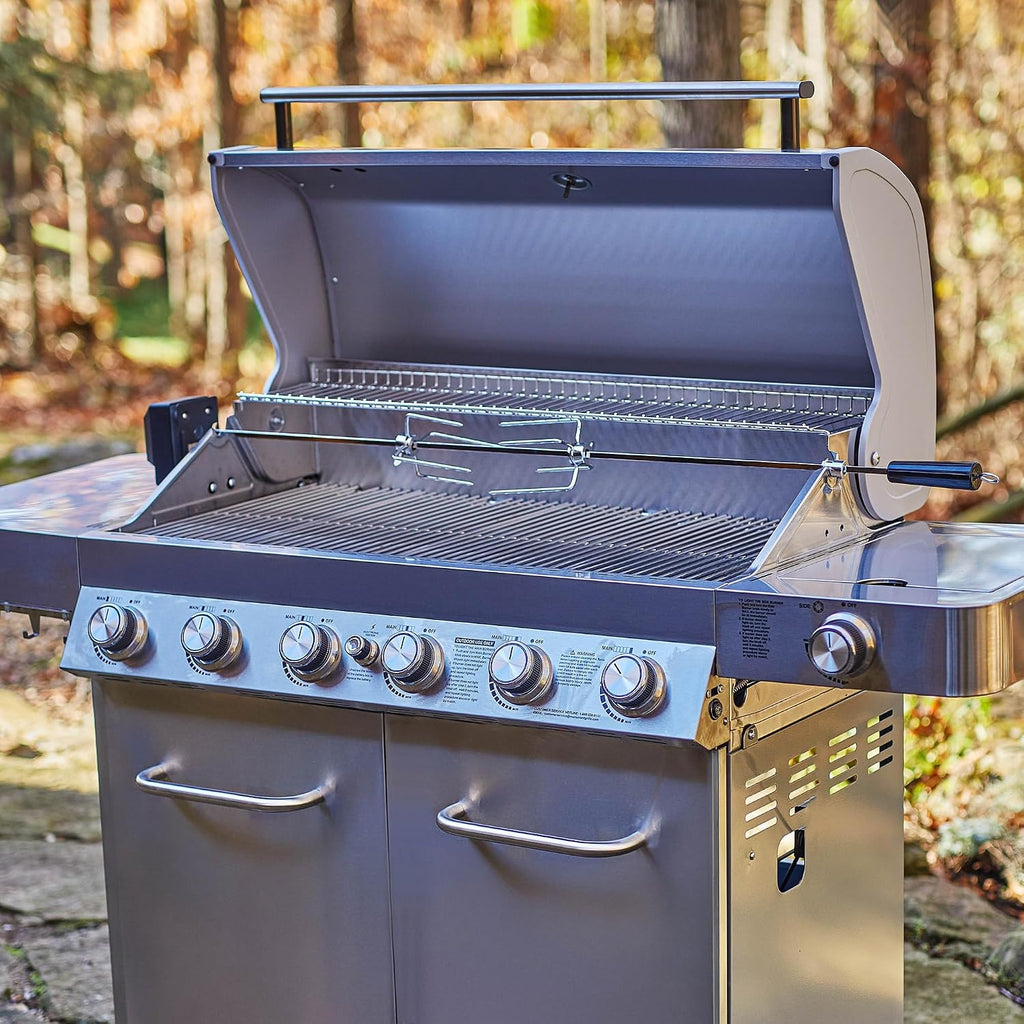 Monument Grills 77352 6+1 Burner Stainless Steel Cabinet Style Propane Gas Grill with Knob Controls, Side Burner, Built-In Thermometer, and Rotisserie Kit