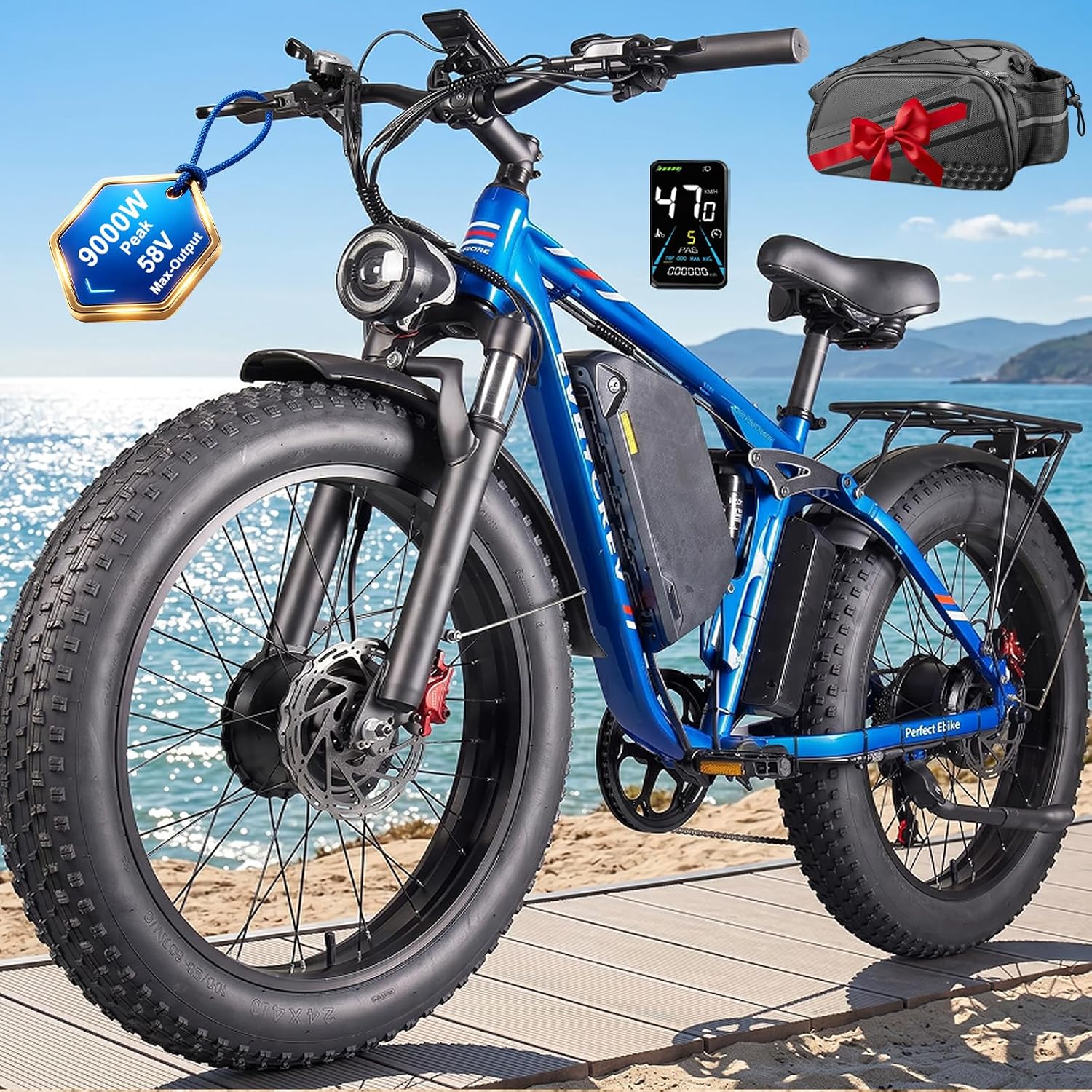 9000W Peak Dual Motor Ebike for Adults 47 MPH Fast ElectricBike, 58V Max Output 1972 Wh Up to 105 Miles Ebikes,24' Fat TireE-Bike,Full Suspension Electric Bicycle for Mountain Commuter