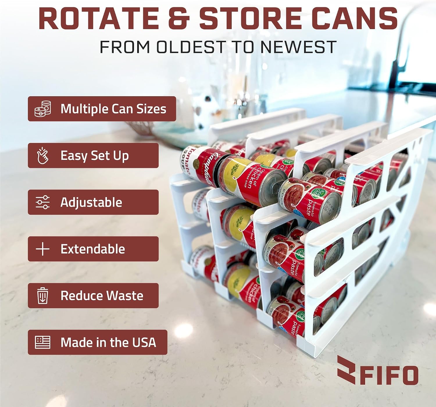 FIFO Can Tracker 3-Pack - 3-Tier Rotating Food Can Organizer for Pantry, Expandable Soda Can Storage for Kitchen, Holds 54 Cans of Food or Soda
