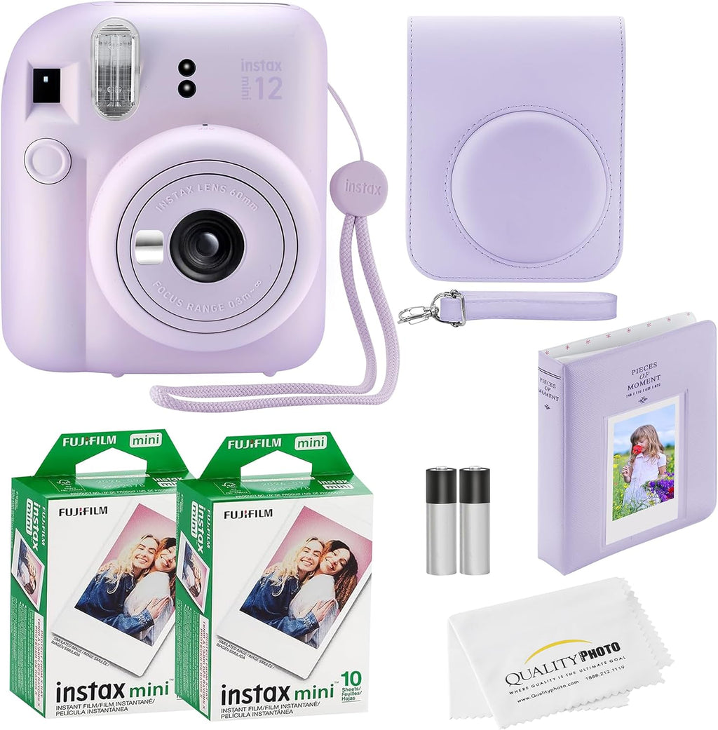 Fujifilm Instax Mini 12 Instant Camera with Case, 20 Fujifilm Prints, Decoration Stickers, Frames, Photo Album and More Accessories (Lilac Purple)