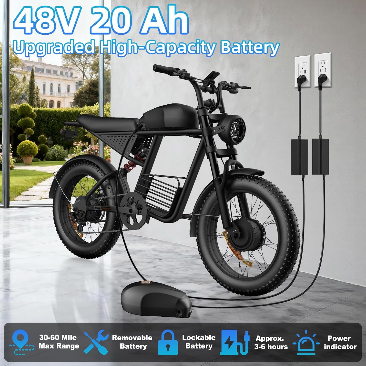 20' Electric Bike for Adults with 1000W/1600W/3000W Peak Dual Motor,Max Speed 33-37MPH,Up to 60Miles,Moped ebikes with 20/35Ah Battery,Shipped from USA Warehouse