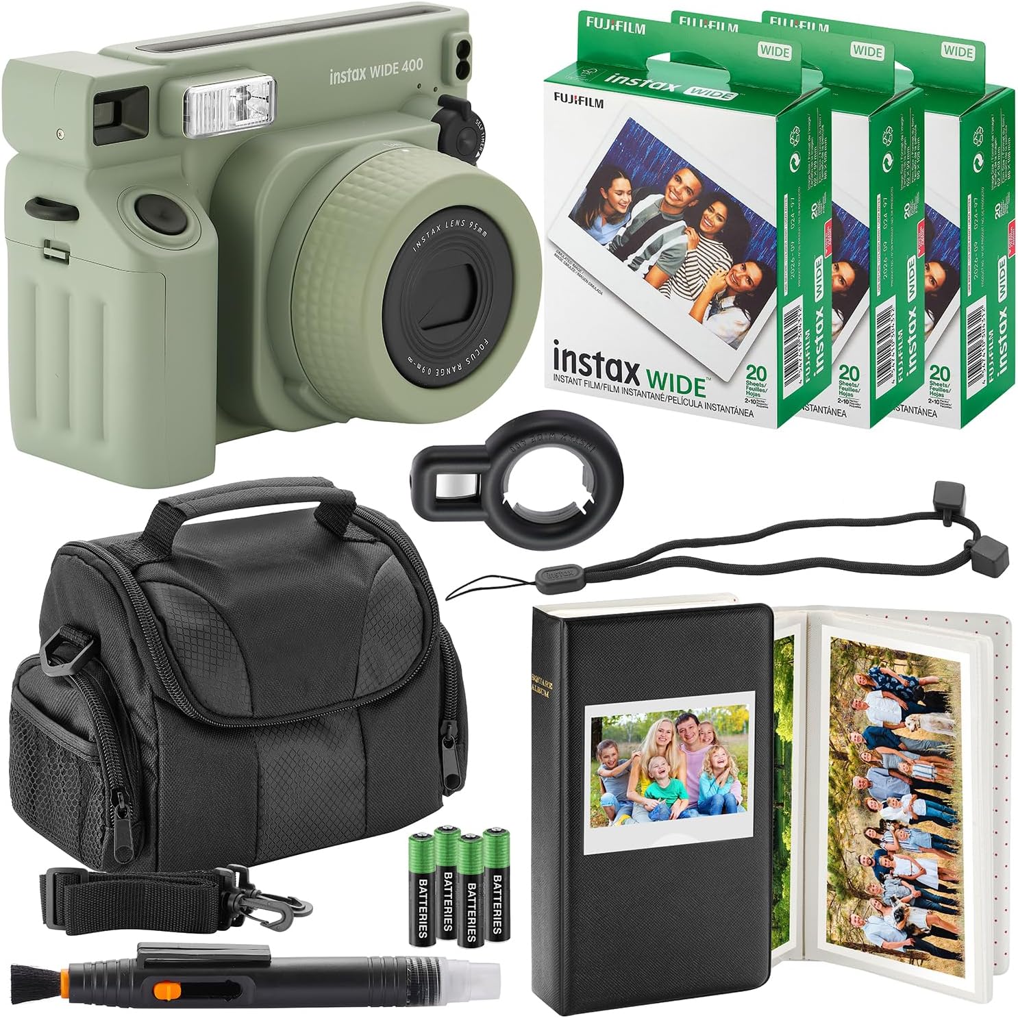 Fujifilm Instax Wide 400 Instant Camera + Camera Case + 4 AA Batteries + Photo Album, Cleaning Pen (60 Sheets)