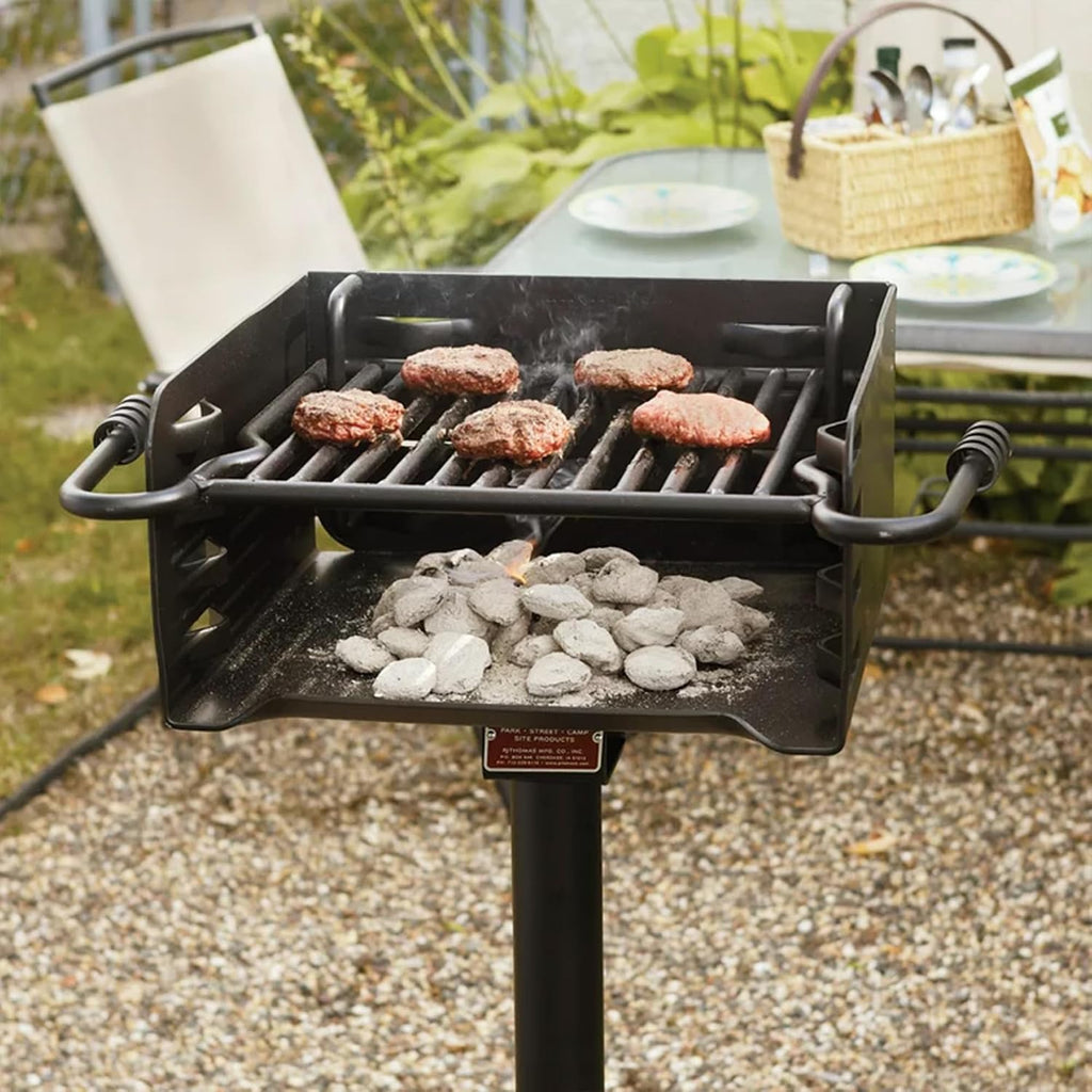 Pilot Rock Park Style Heavy Duty Steel Outdoor BBQ Charcoal Grill with Cooking Grate and 360 Degree Swivel Post for Camping or Backyard, Black