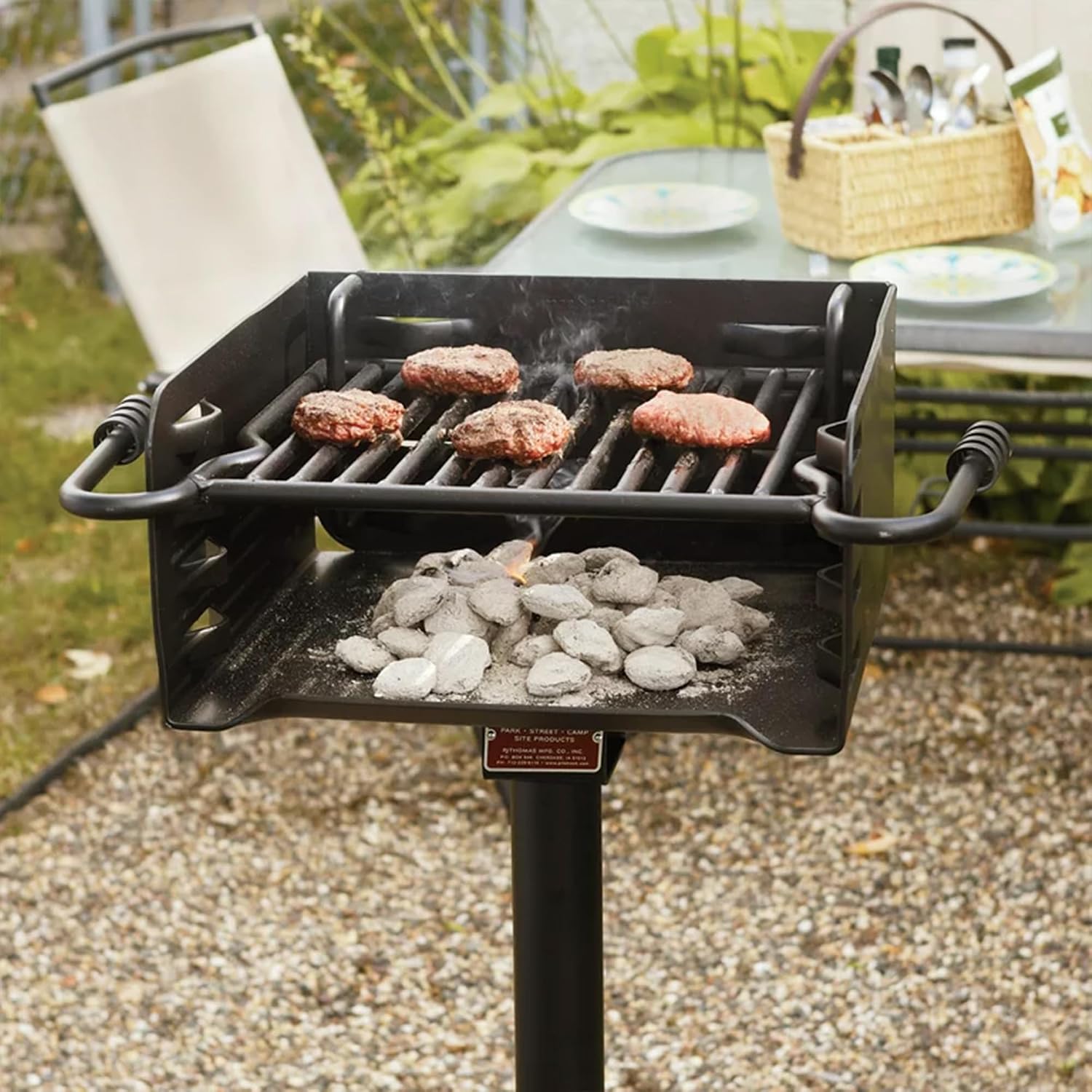 Pilot Rock Park Style Heavy Duty Steel Outdoor BBQ Charcoal Grill with Cooking Grate and 360 Degree Swivel Post for Camping or Backyard, Black