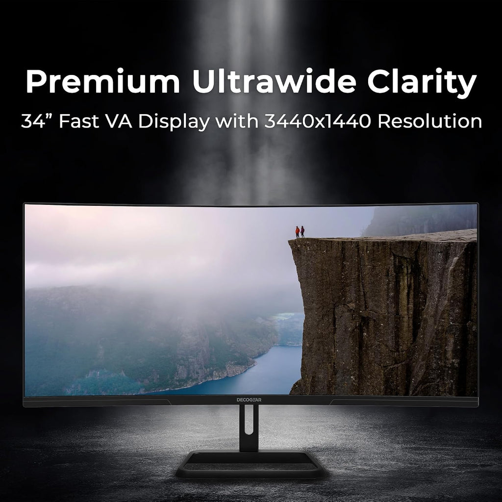 Deco Gear 34' Curved Gaming Monitor, 180Hz 3440×1440 Ultrawide UWQHD Screen for Laptop & PC, Adaptive Sync, R1500 VA Panel, HDR, 100% sRGB, Dual HDMI/DP, 21:9, VESA Mount, American Seller