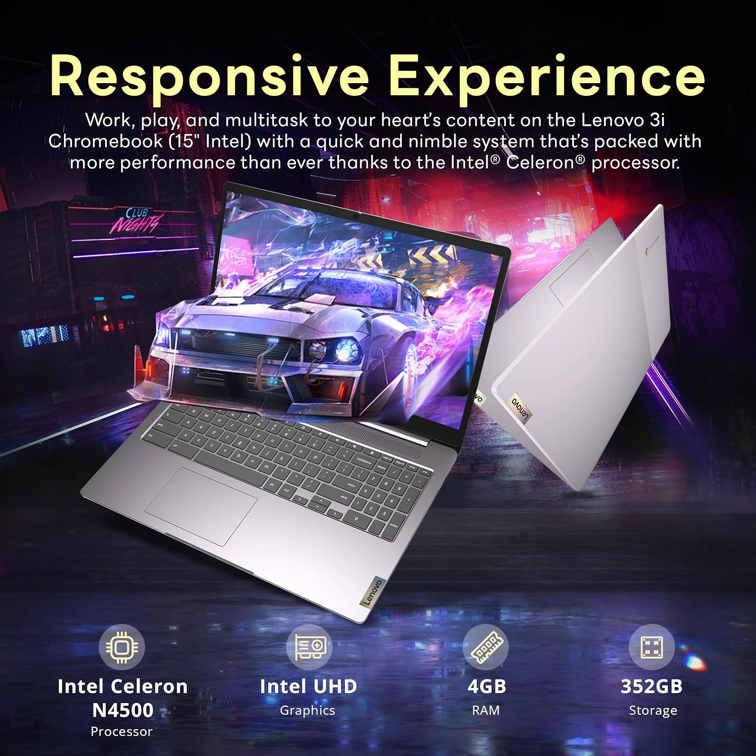 Lenovo Ideapad 3 15.6' FHD Chromebook, Intel Celeron N4500, 4GB RAM, 352GB Storage (64GB SSD+288GB Docking Station Set), ‎Intel UHD Graphics, Full Size Keyboard, Chrome OS, Artic Gray