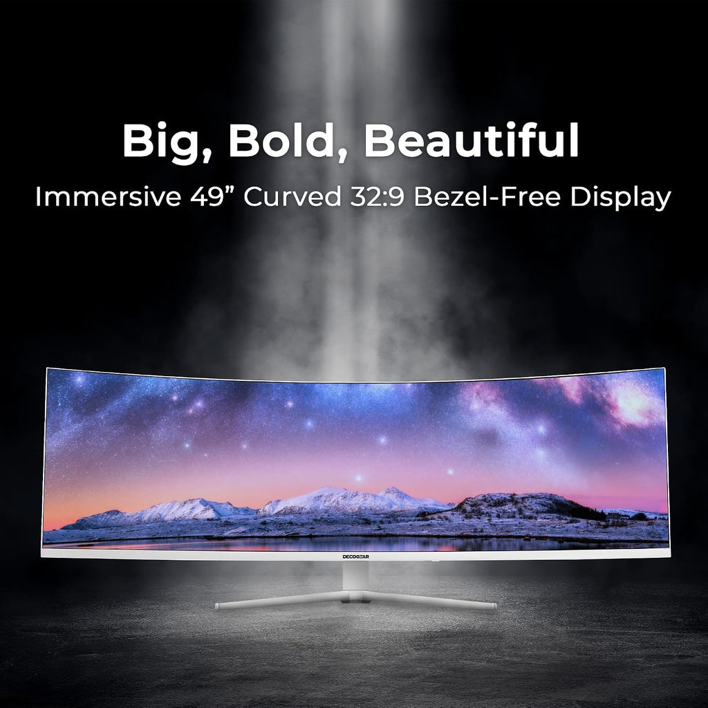 Deco Gear White 49 Inch Curved Monitor, 144HZ Ultrawide DFHD Screen, 3840x1080 32:9 VA Panel, R1500 E-LED, 2 HDMI 2 Display Port, 3000:1, Laptop PC Computer Accessory for Work Gaming Design Create