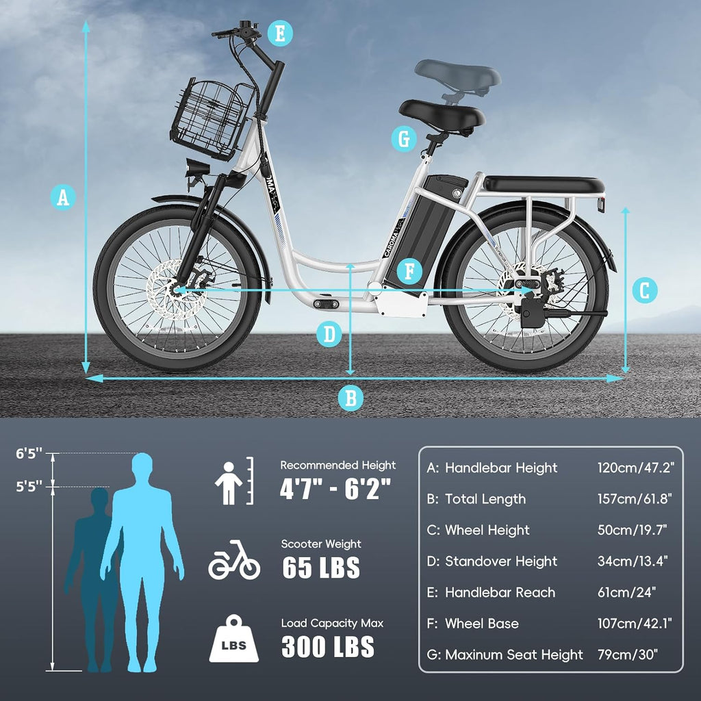 Caroma Peak 500W/800W/1200W Electric Scooter with Seat, 20' Fat Tire Electric Bike with 48V Removable Battery, Up to 30Miles & 20MPH, Adult Scooter for Commuting with Basket&Adjustable Seat