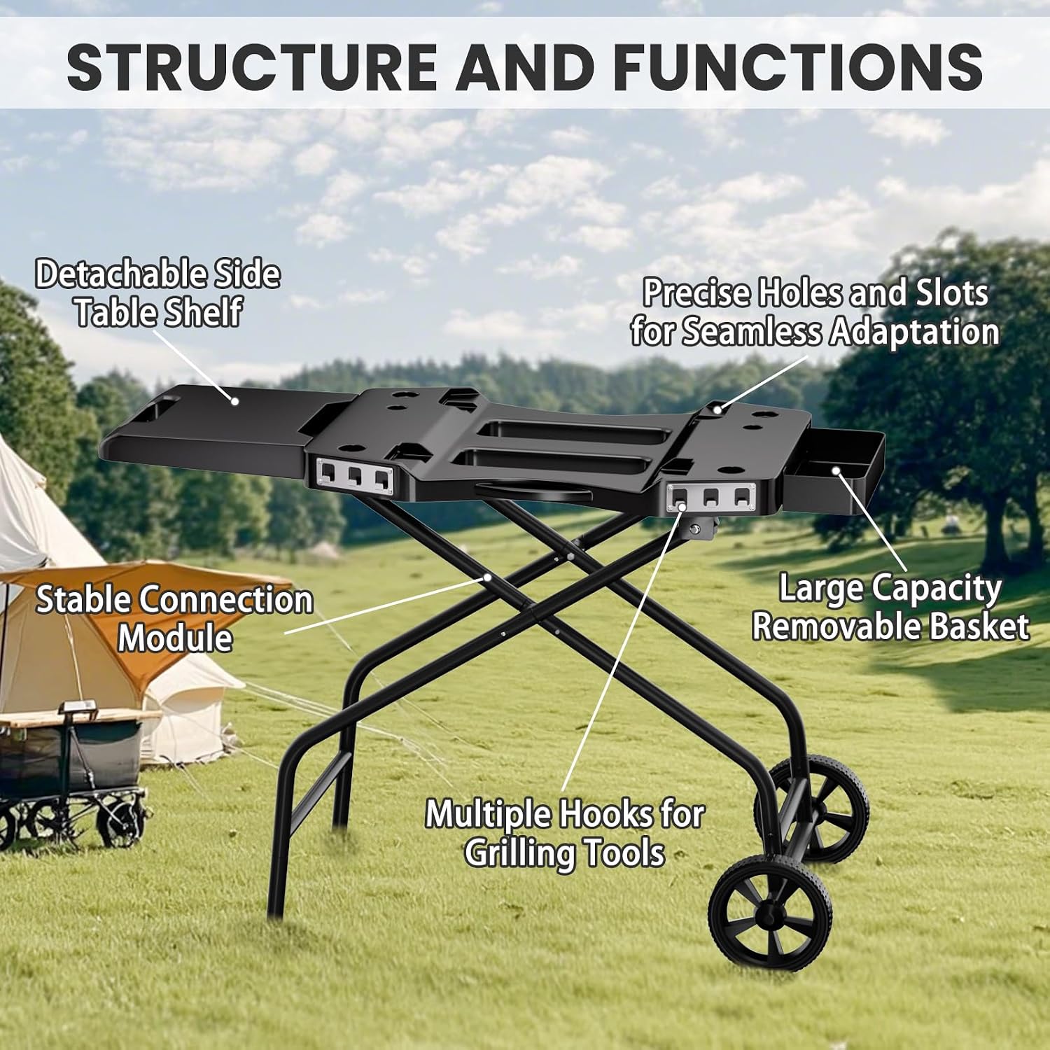 GRISUN Foldable Grill Table Stand for Ninja Woodfire Outdoor Grill（OG700/701/751), Portable Camping Table for Blackstone 22', Portable BBQ Stand with 2 Wheels, Side Table & Storage Basket