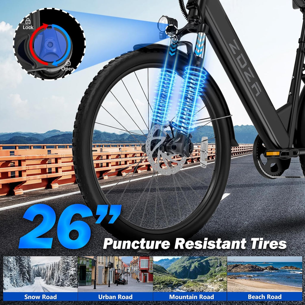 ZDZA Electric Bike for Adults, 1000W Peak Motor, 60 Miles 22Mph Electric Bike, 26' Commuter E Bikes with 48V 10.4Ah Removable Battery, Step-Thru Ebike, Adjustable Stem, 7-Speed & Front Suspension