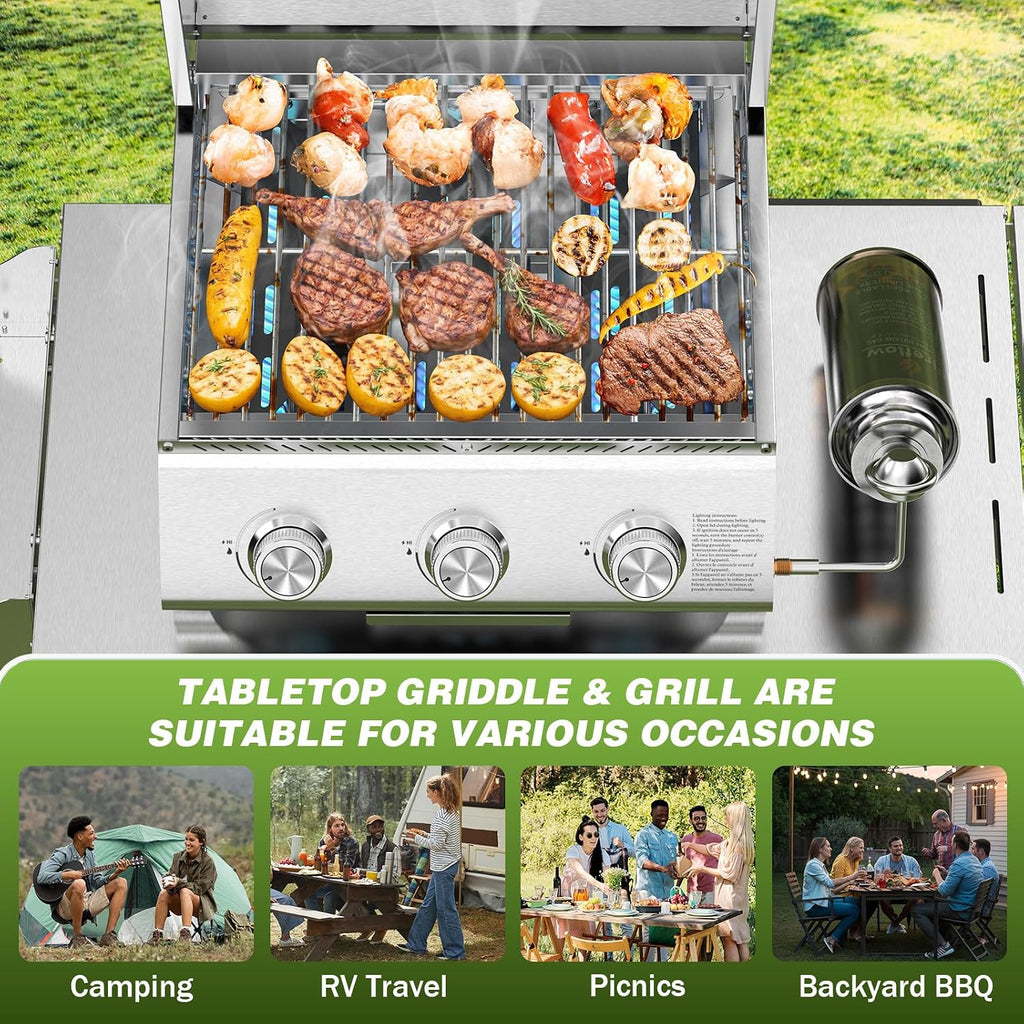 COWSAR Portable 3-Burner Table Top Gas Grill with Griddle, Stainless Steel BBQ Propane Grill, Flat Top Grill with Lid for Outdoor Cooking Camping or Tailgating, 24,000 BTU