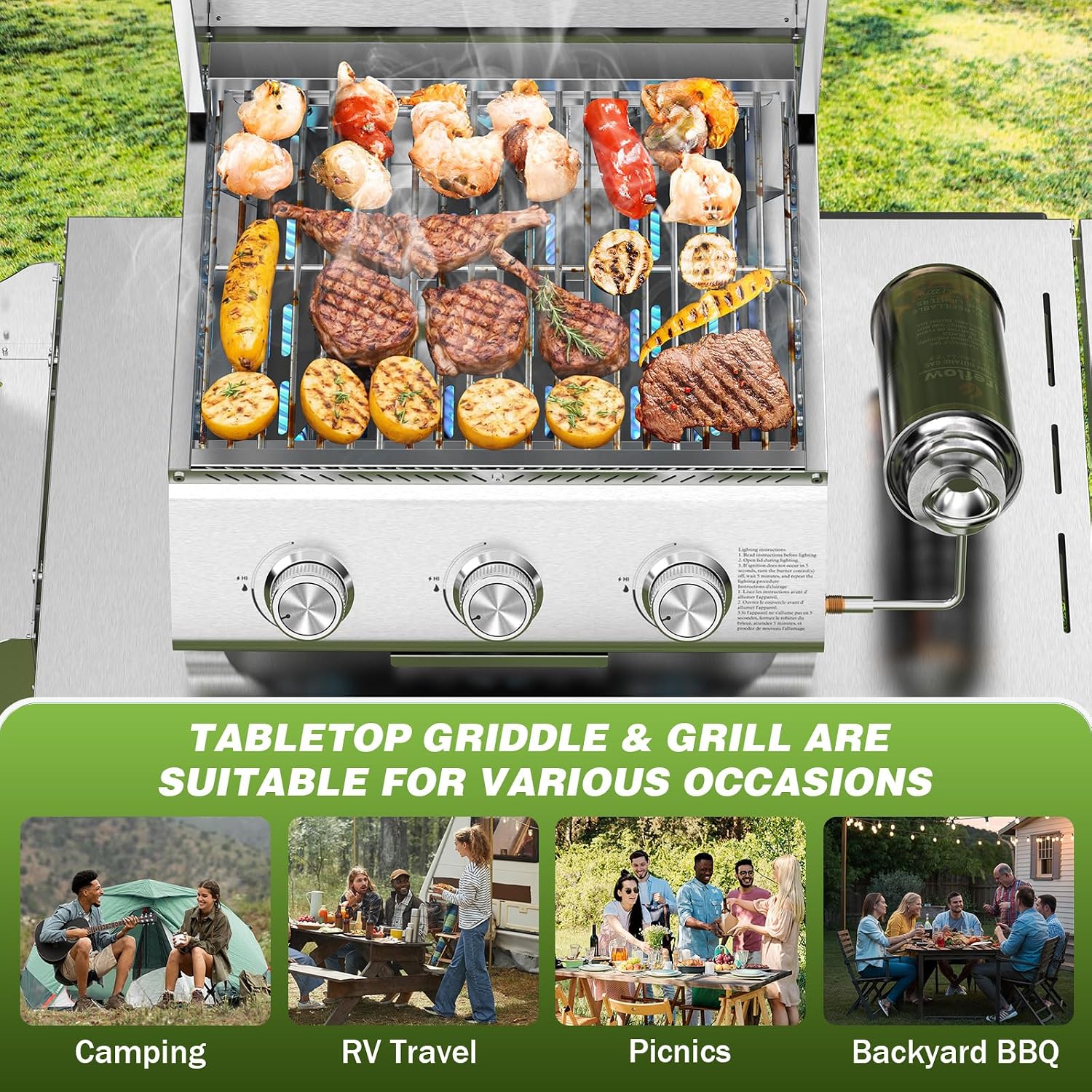 COWSAR Portable 3-Burner Table Top Gas Grill with Griddle, Stainless Steel BBQ Propane Grill, Flat Top Grill with Lid for Outdoor Cooking Camping or Tailgating, 24,000 BTU