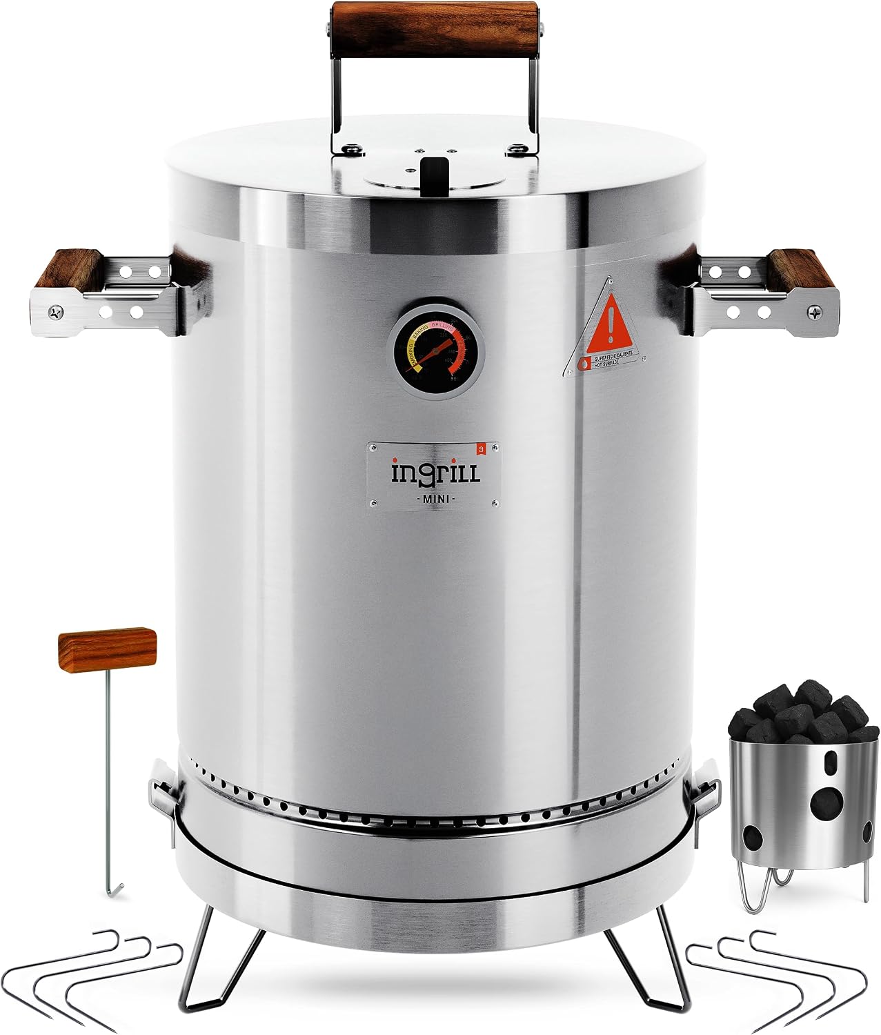 INGRILL Mini Charcoal Grill Smoker Portable BBQ 6 LBS Stainless Steel Barrel for Camping, Small Outdoor Cooking with Thermometer