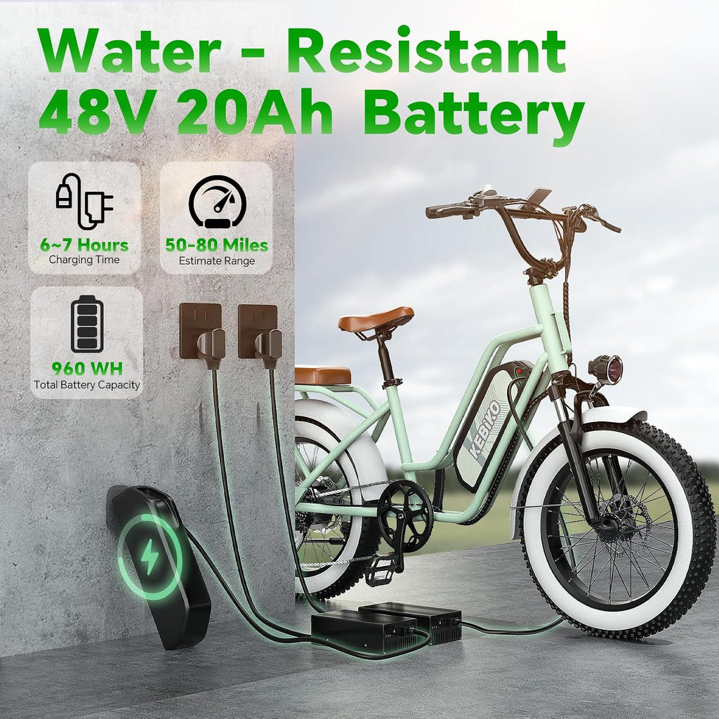 bluebiko 2 Seater Electric Bike, 48V 20AH(𝟗𝟔𝟎𝐖𝐇) Large Removable Battery, 𝟏𝟑𝟎𝟎𝐖 Peak Motor, 20'x 4.0' Fat Tire Ebike for Adults, 80+Miles, City Couple E Bike for All Terrain