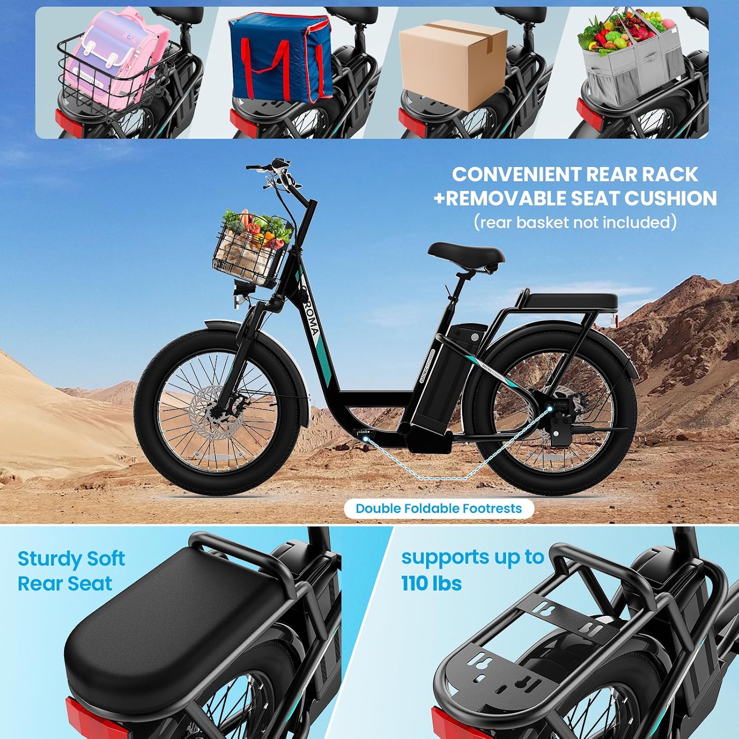 Caroma Peak 1200W/800W/500W/ Electric Scooter with Seat, 20' Off-Road Tires, 15/25/30Miles Range, 20MPH Top Speed, Adjustable Electric Scooter for Adults with Basket, Adults Ebike for Commuting