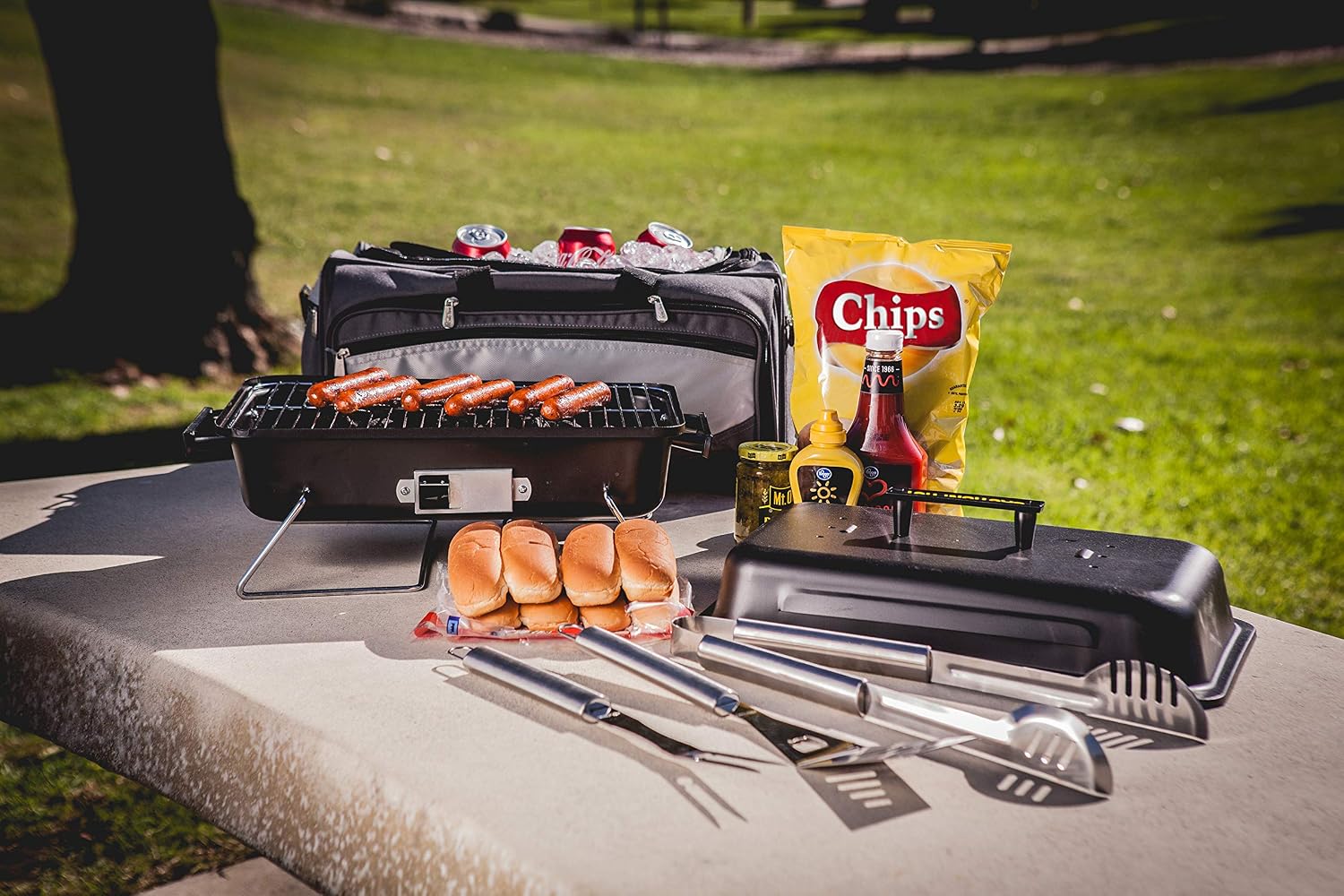 ONIVA - a Picnic Time brand Buccaneer Portable Charcoal Grill & Cooler Tote, (Black with Gray Accents)