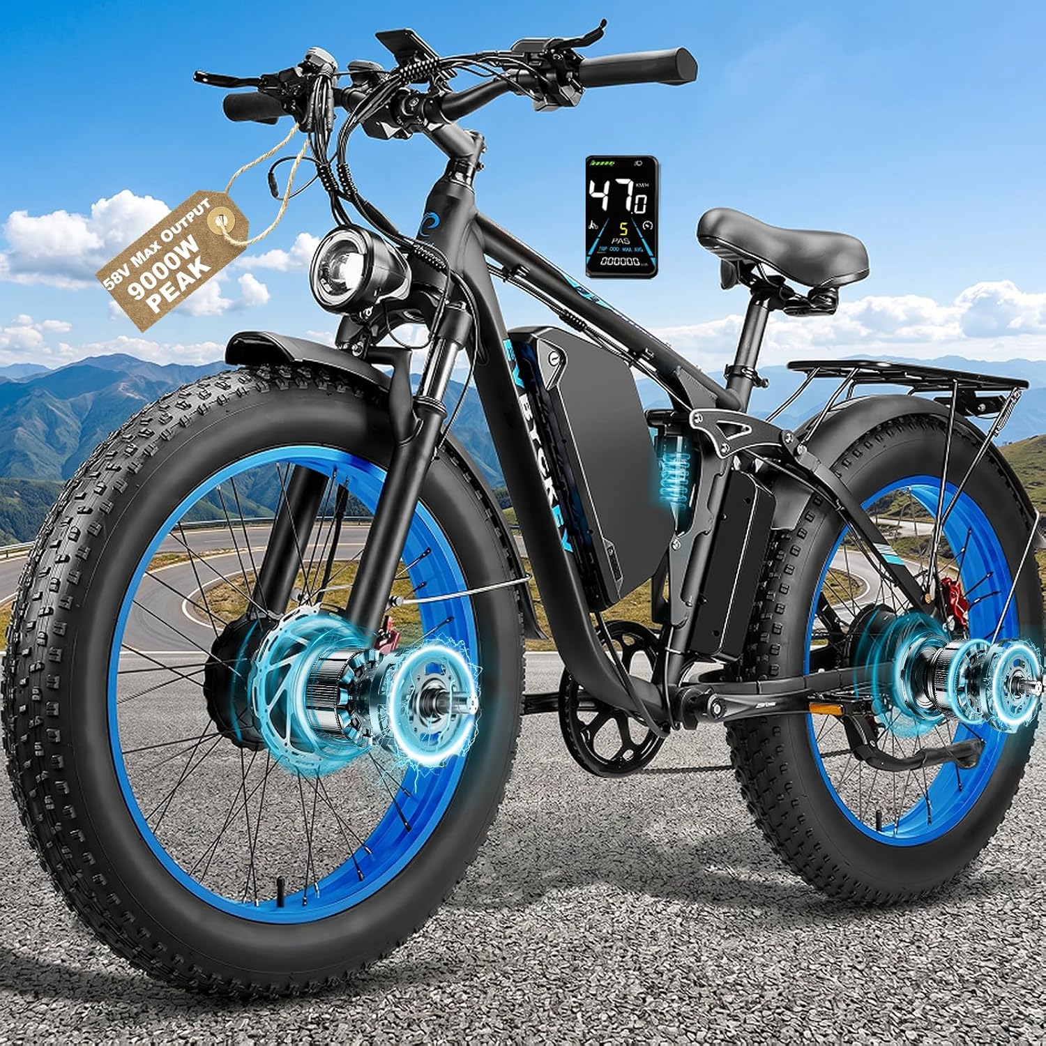 9000W Peak Dual Motor Ebike for Adults 47 MPH Fast ElectricBike, 58V Max Output 1972 Wh Up to 105 Miles Ebikes,24' Fat TireE-Bike,Full Suspension Electric Bicycle for Mountain Commuter
