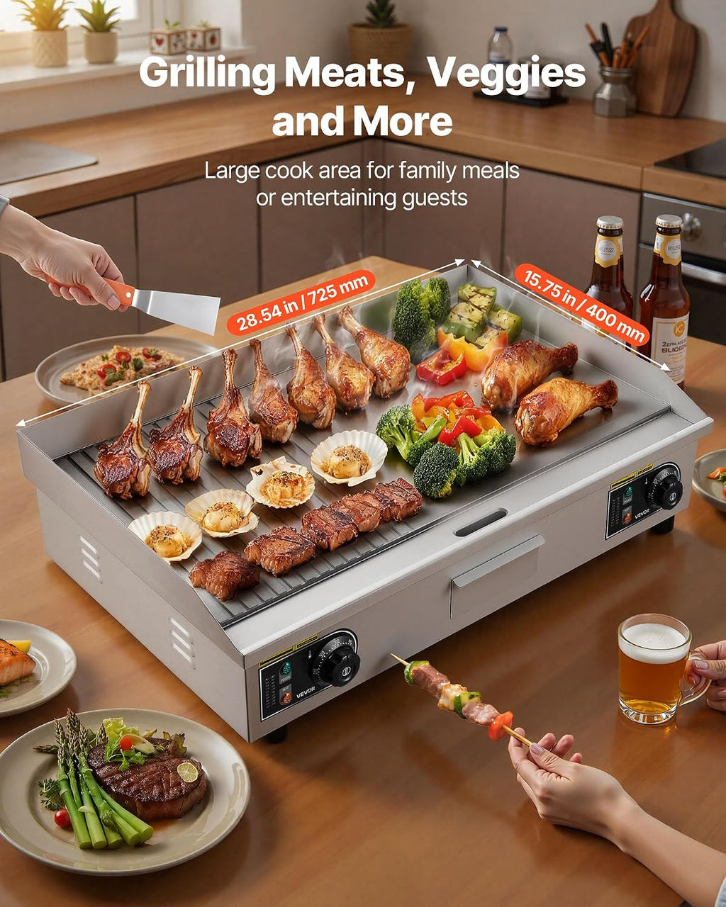 VEVOR Commercial Electric Griddle, 28.54 x 15.75 in, 2800W, 122-570°F Adjustable Temp Control, Stainless Steel, Half Grooved Half Flat, with 2 Spatulas, 2 Brushes, and 4 Foot Pads, for Steak(NO PLUG)